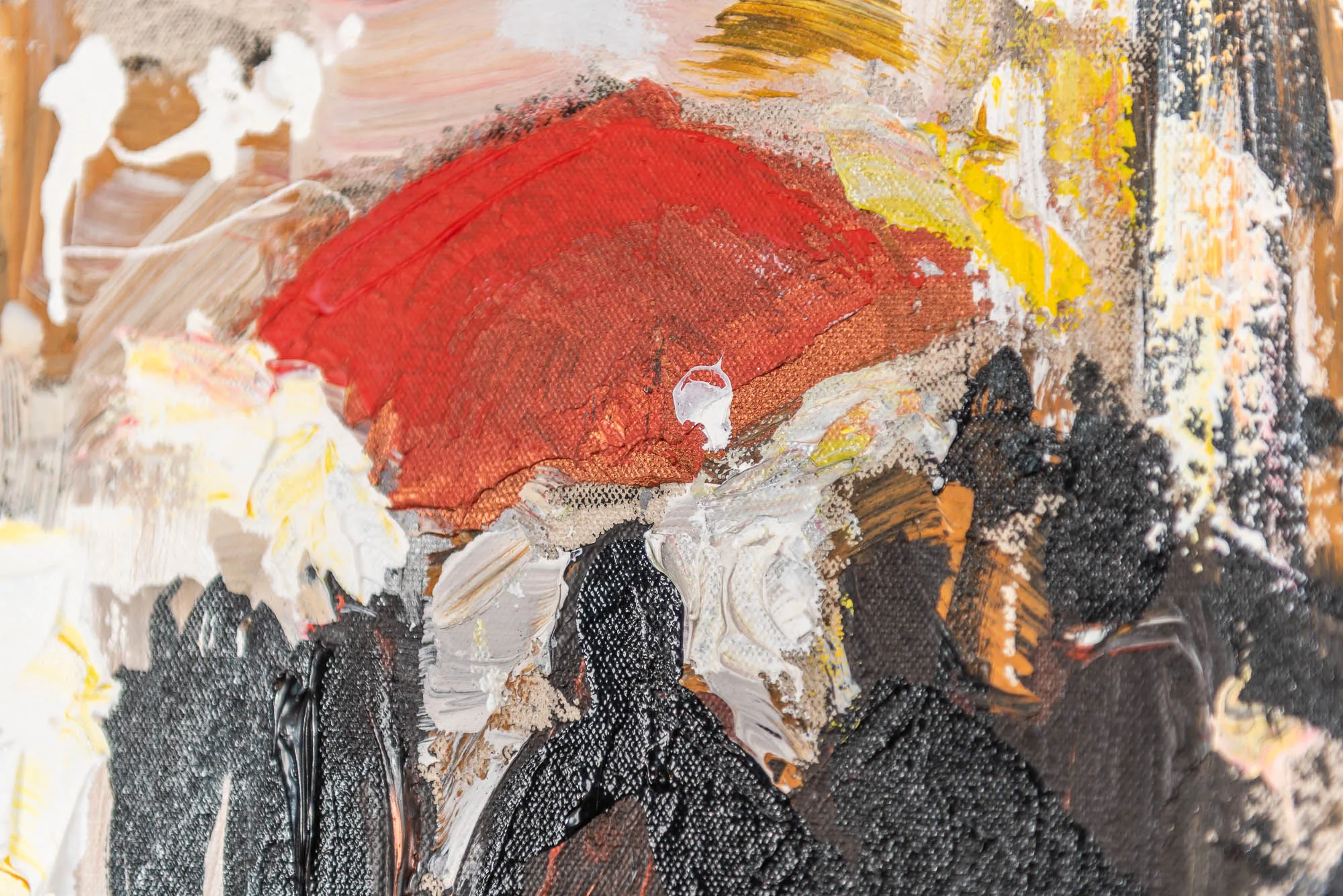 Close-up of Manhattan Showers, showing a bold red umbrella above dark silhouetted figures, with thick, textured strokes of white, yellow and gold paint and visible canvas weave.