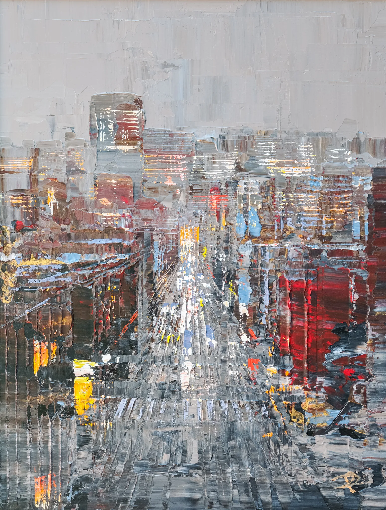 Midtown Silver, an original painting by Paul Kenton: a thickly textured city street of grey and silver with red and amber lights glowing between towering buildings, receding toward a pale sky.