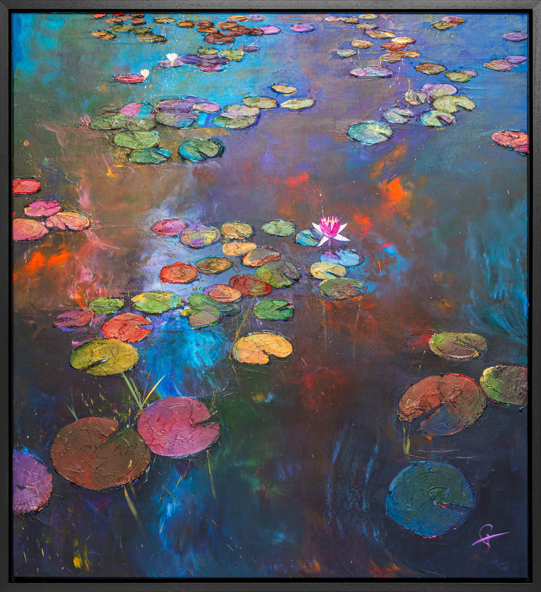Nocturne Blossoms, an original painting by Paul Kenton in a black float frame: a textured lily pond of thickly painted pads in red, green, blue and violet, with pink and white blossoms on dark, shimmering water.
