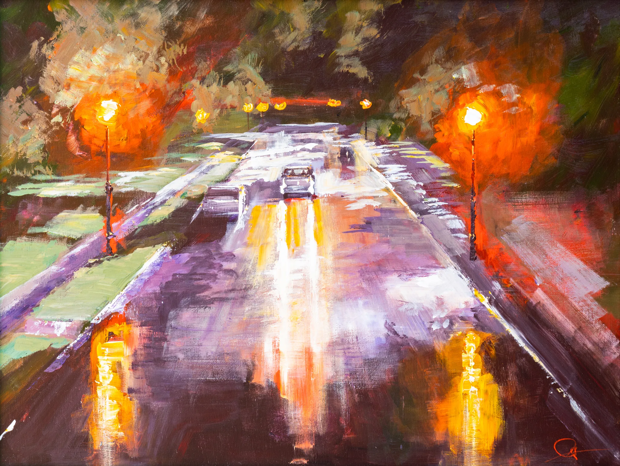 Night Drive, an original painting by Paul Kenton: a close-up of a rain-slicked road at night, with loose, textured brushstrokes, glowing orange streetlamps and warm reflections in violet and purple.