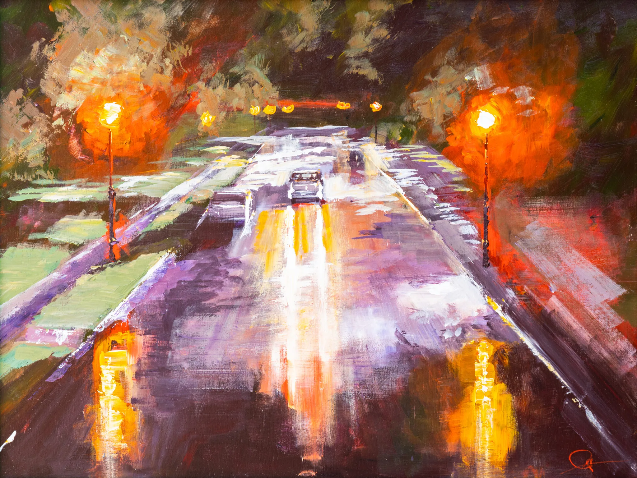 Night Drive, an original painting by Paul Kenton: a rain-slicked city road at night, with orange street lamps glowing through loose, bold brushstrokes and reflections of car lights shimmering across purple and red tones.