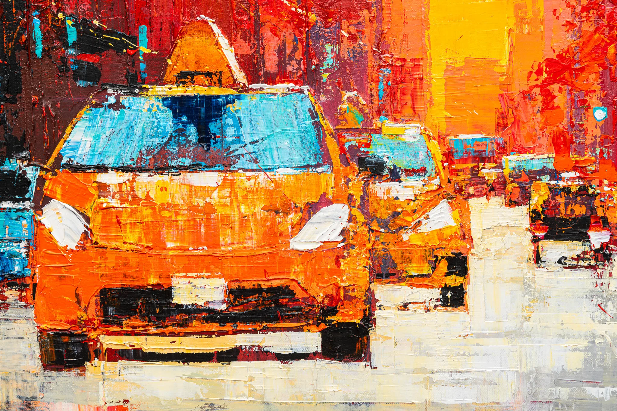 Close-up of NY Ablaze, an original painting by Paul Kenton, showing a thickly textured orange taxi with a blue-tinted windscreen amid fiery red and yellow city streets.