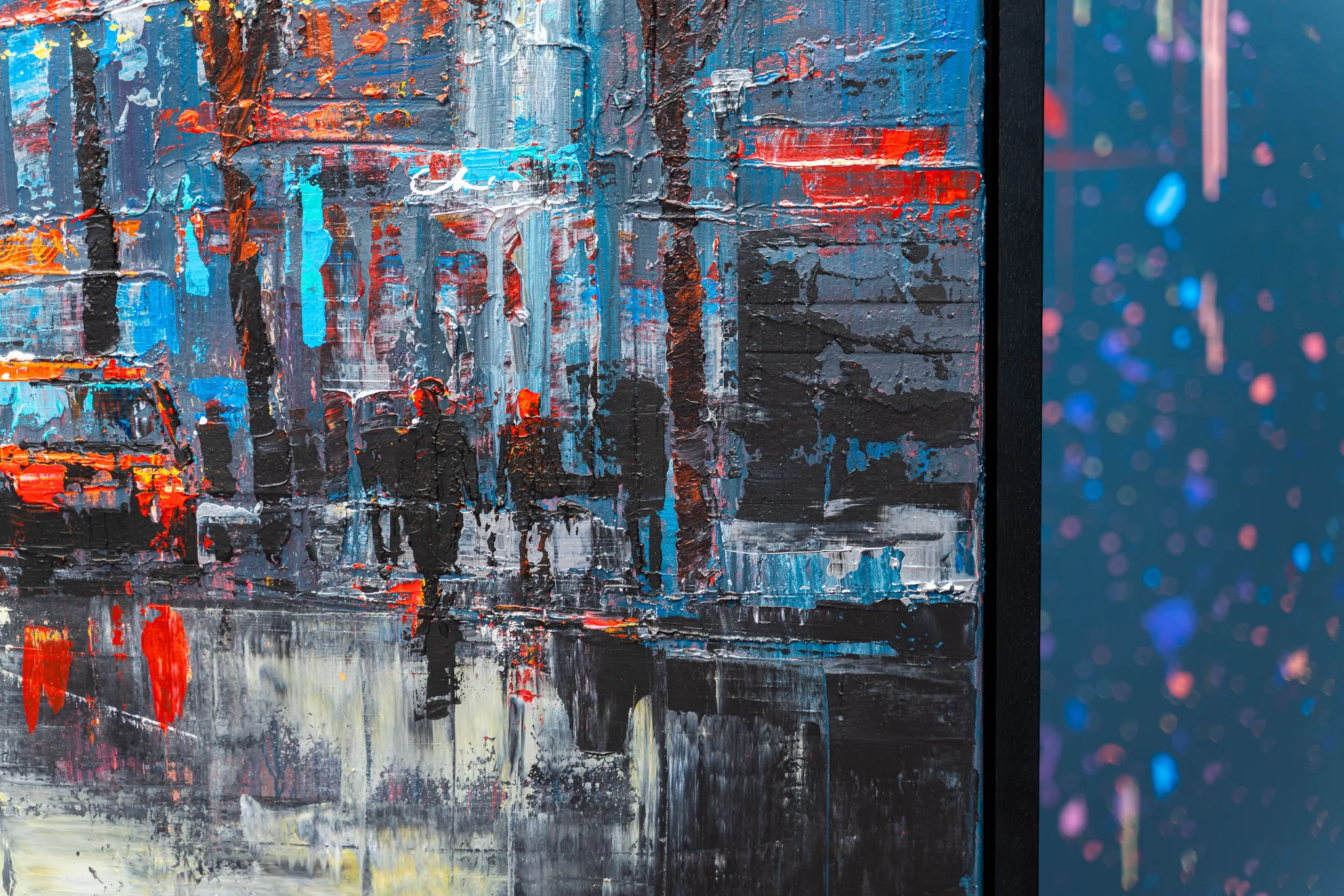 Close-up of NY Ablaze, an original painting by Paul Kenton: thick, textured blues, greys and black strokes suggest a rainy New York street, with red and orange light flaring through.