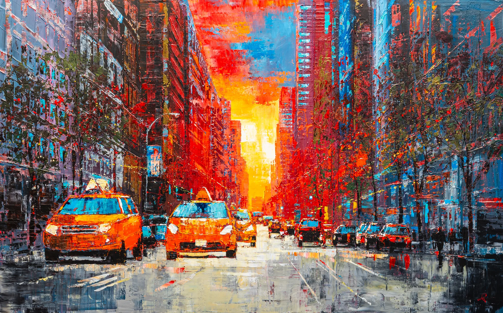 NY Ablaze, an original painting by Paul Kenton: a rain-slicked New York street at sunset, with yellow taxis, fiery orange sky and bold, textured brushwork.