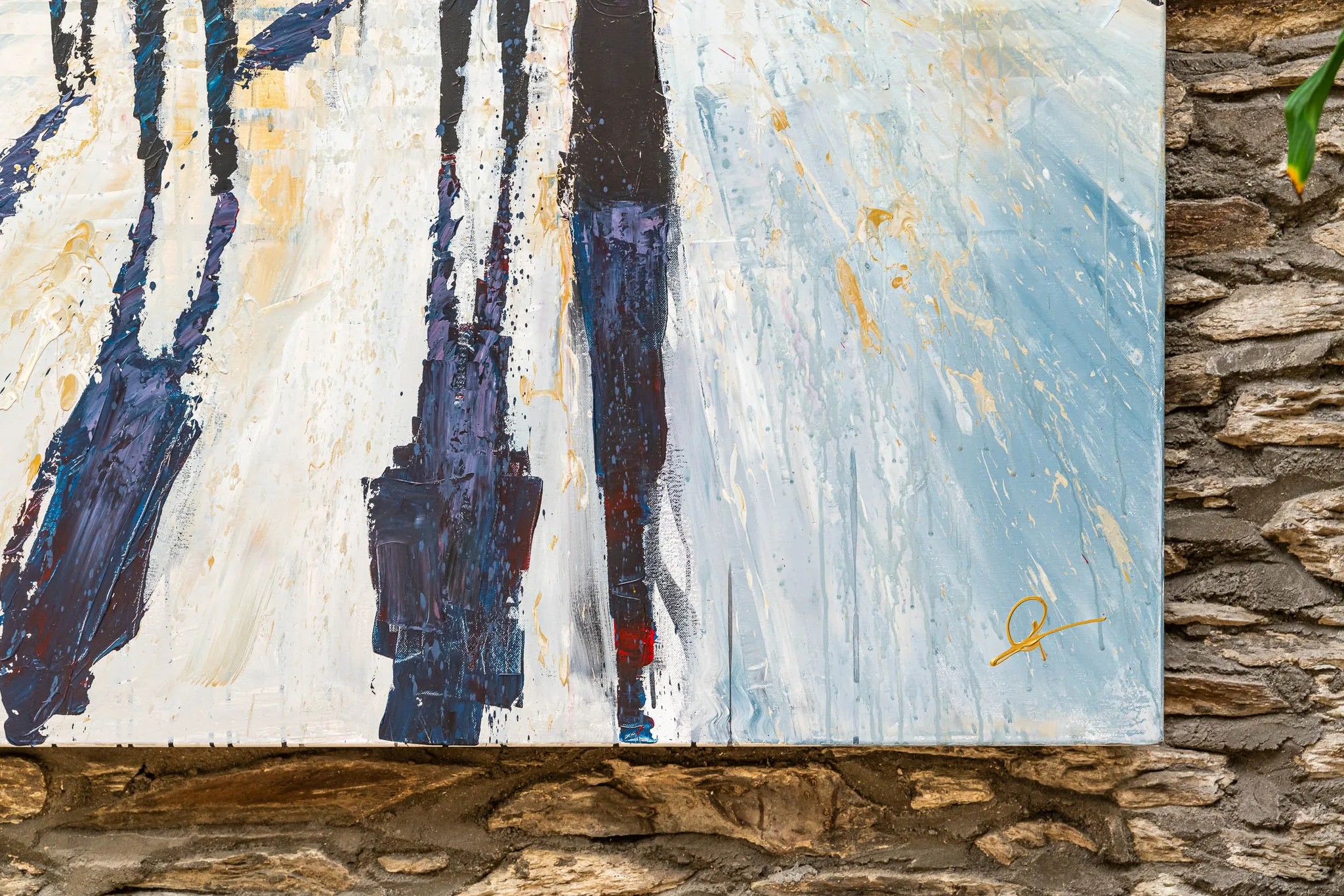 Detail of New York Shadows, an original painting by Paul Kenton: thick textured strokes of violet and navy shadows fall across pale cream and blue, with a gold signature in the corner.
