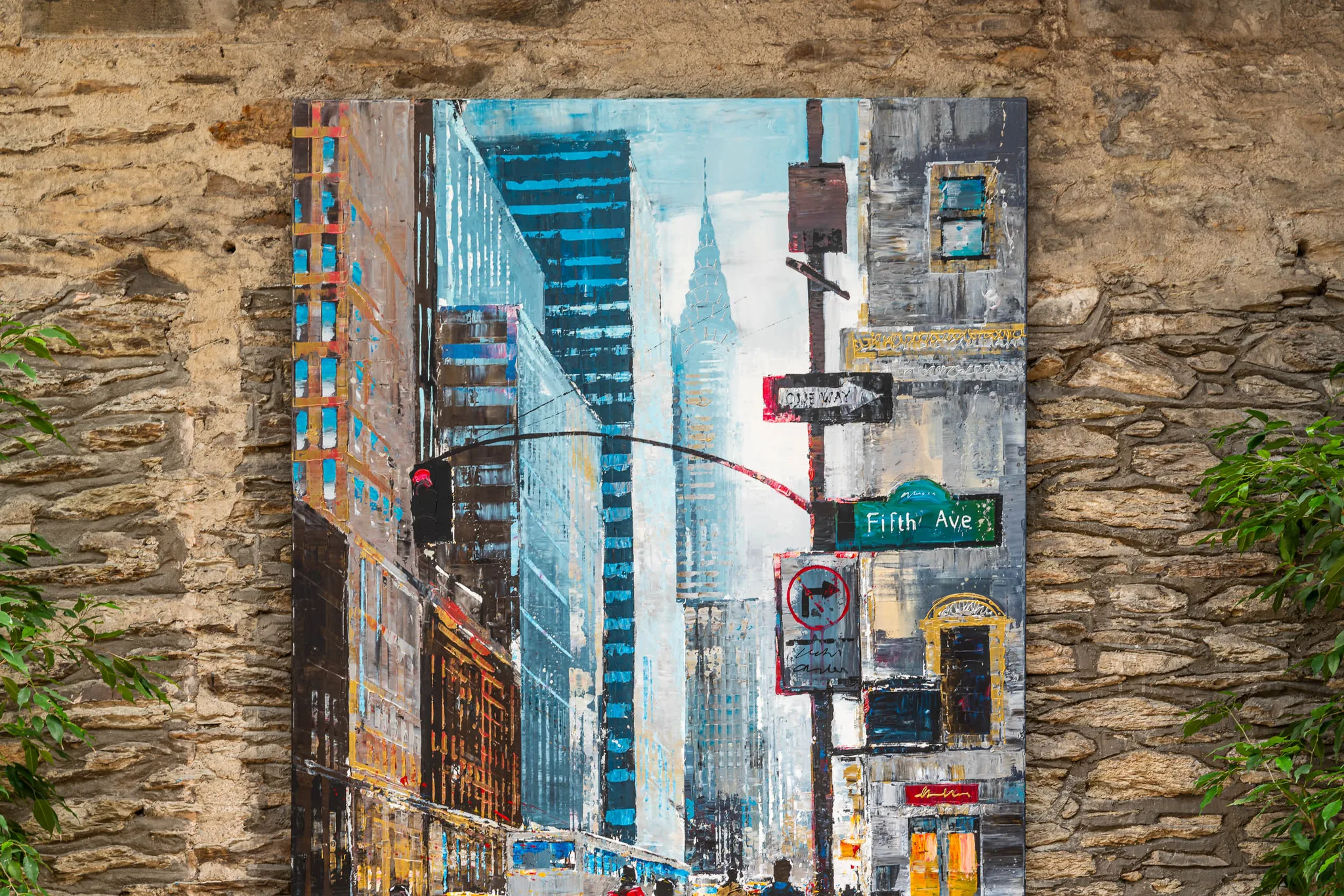 Close-up of New York Shadows, an original painting by Paul Kenton, showing a textured Fifth Avenue street scene with blue glass towers, a distant spire and street signs in bold, thick brushwork.