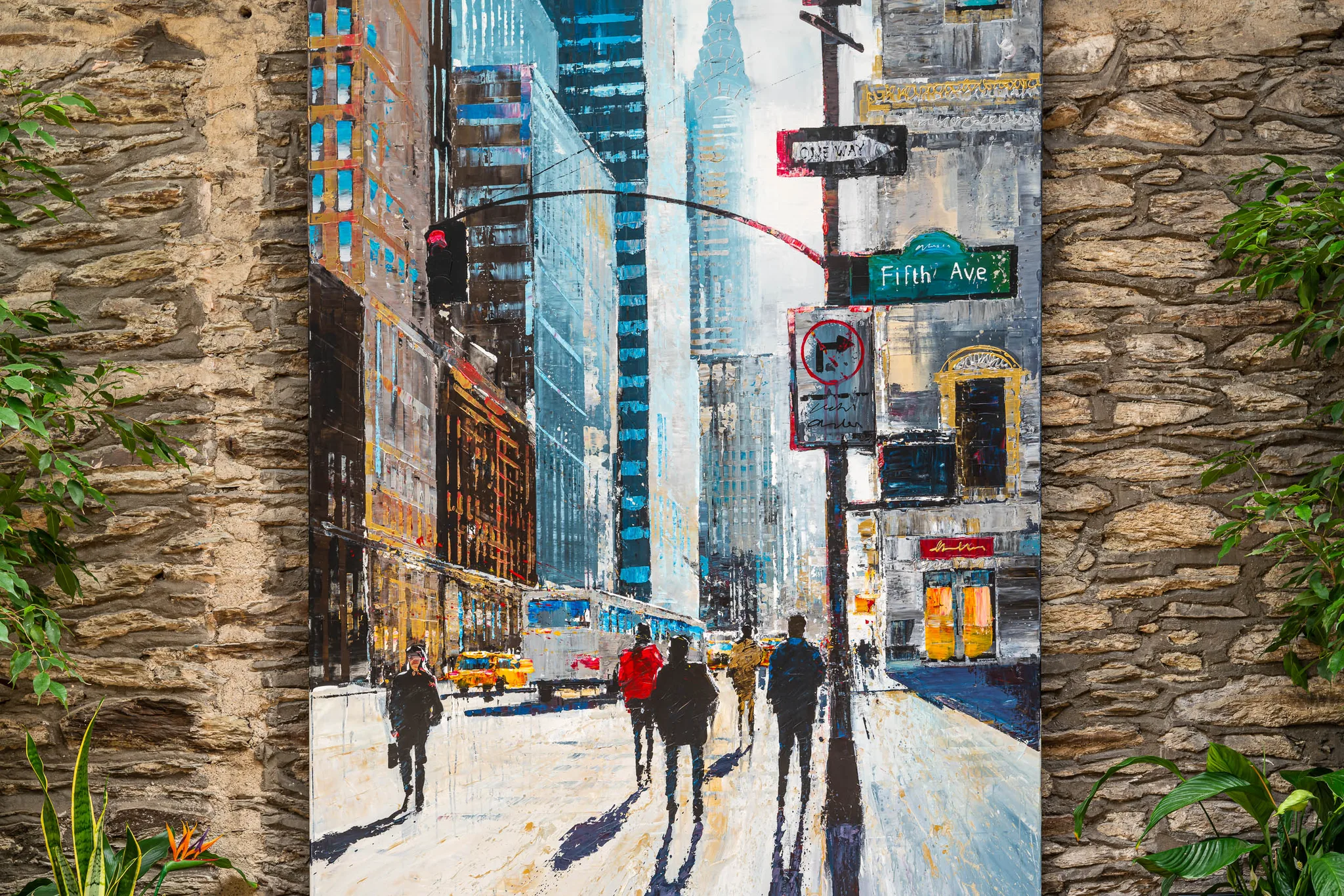 Close-up of New York Shadows, an original mixed media painting by Paul Kenton: a textured Fifth Avenue street scene with pedestrians casting long blue shadows, rendered in bold, thick strokes.