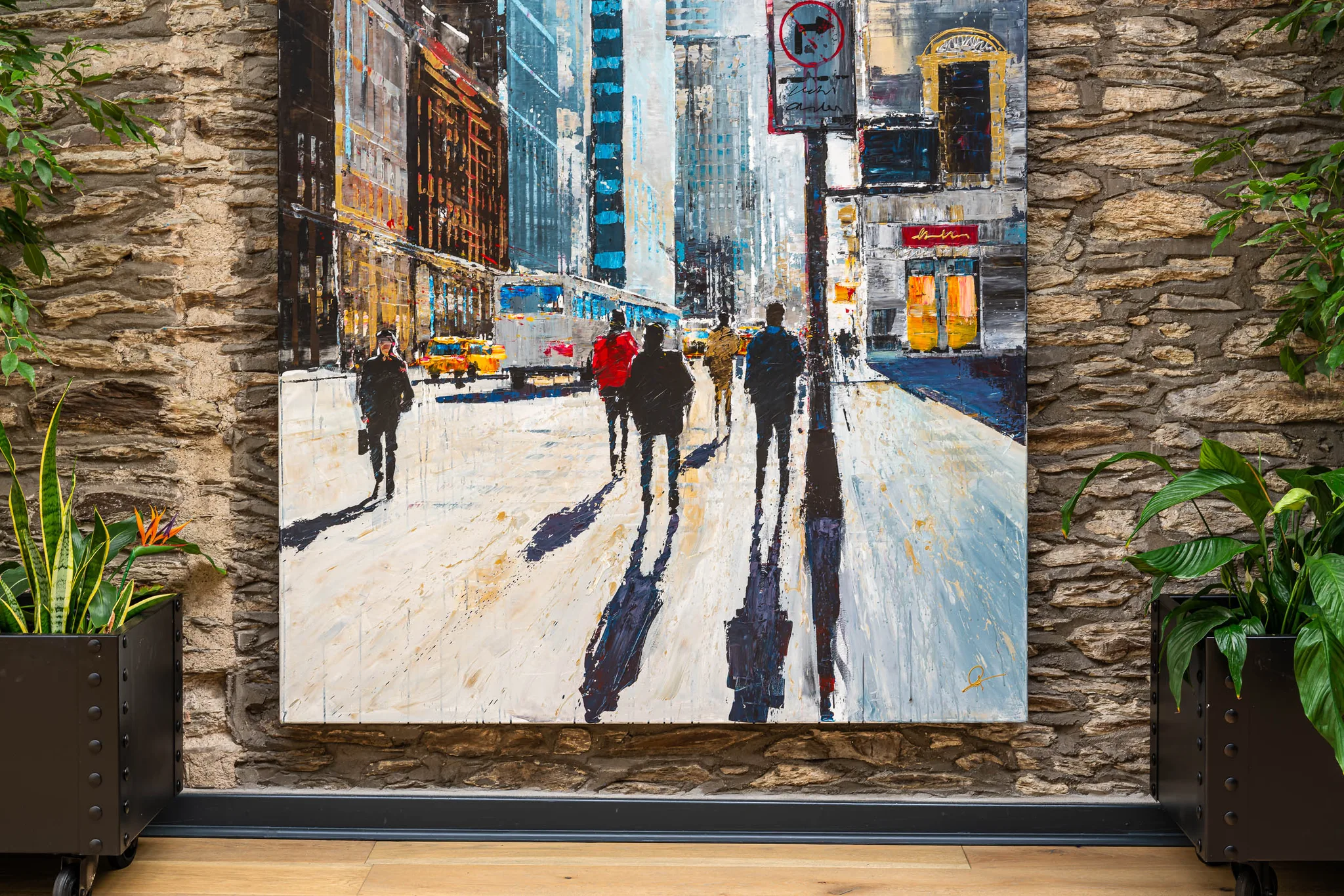 New York Shadows, an original painting by Paul Kenton: thick textured paint shows figures on a sunlit street casting long shadows.