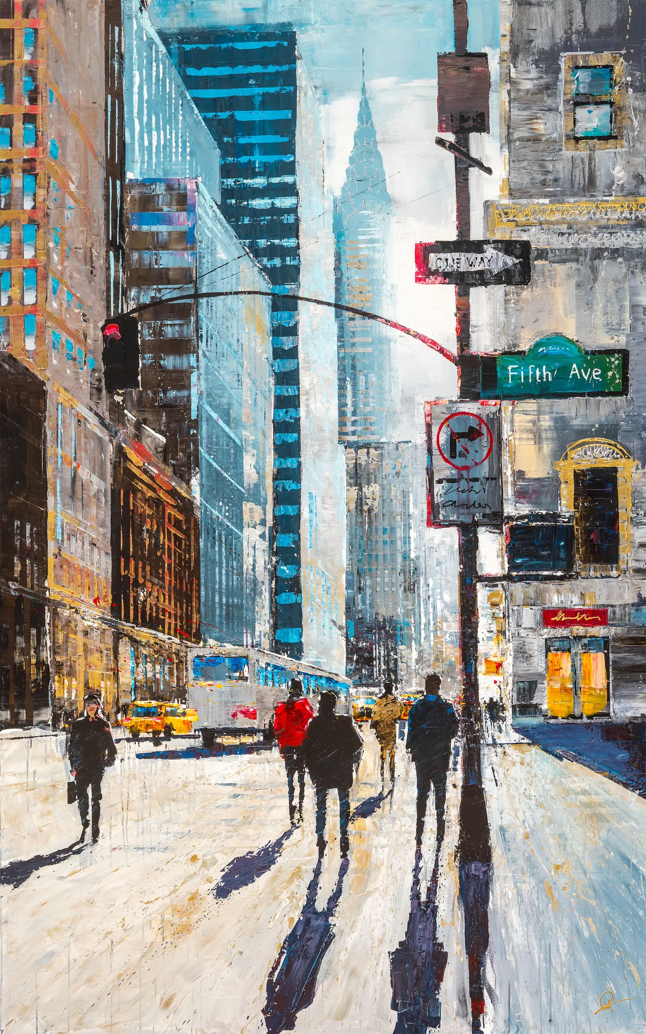 New York Shadows, an original painting by Paul Kenton: pedestrians cast long shadows down a sunlit Fifth Avenue, with the Chrysler Building rising in blue and grey beyond.