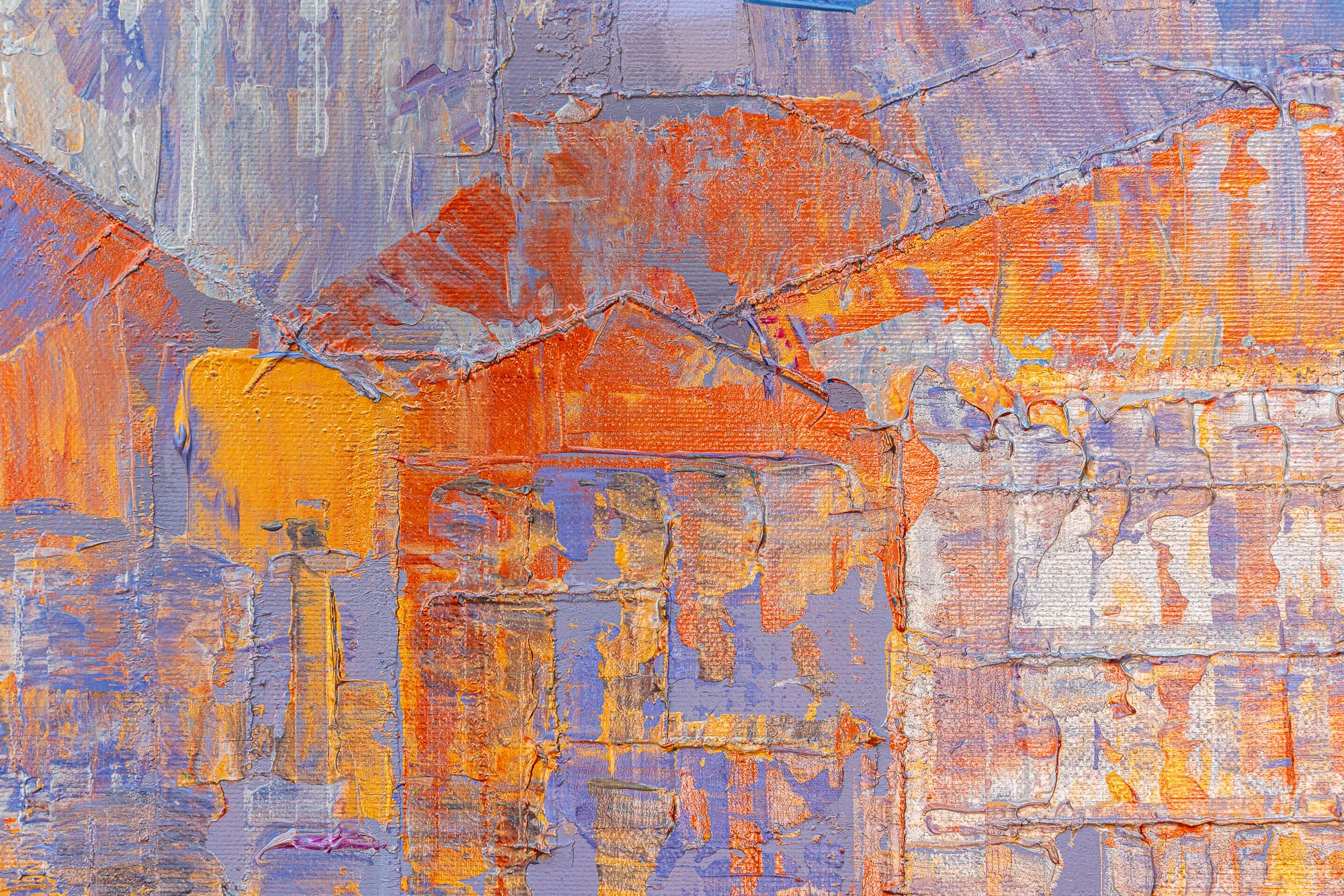 Close-up of Opalescent Venice, an original painting by Paul Kenton, showing thick textured impasto in orange, gold and lilac suggesting weathered Venetian façades.