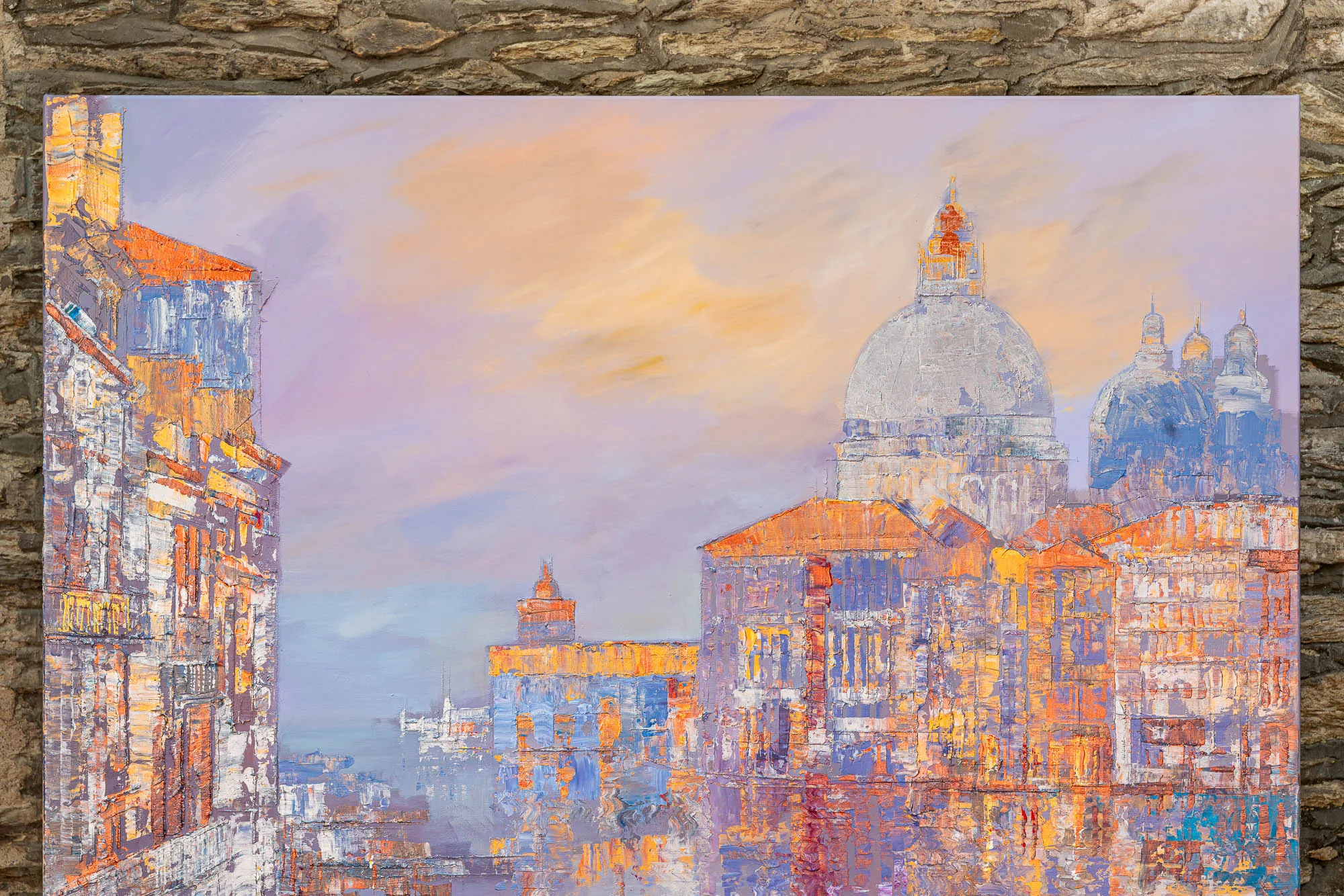 Close-up of Opalescent Venice, an original painting by Paul Kenton: thick textured brushwork shows a pale domed church and warm ochre palazzi beside the Grand Canal under a lilac and peach dusk sky.