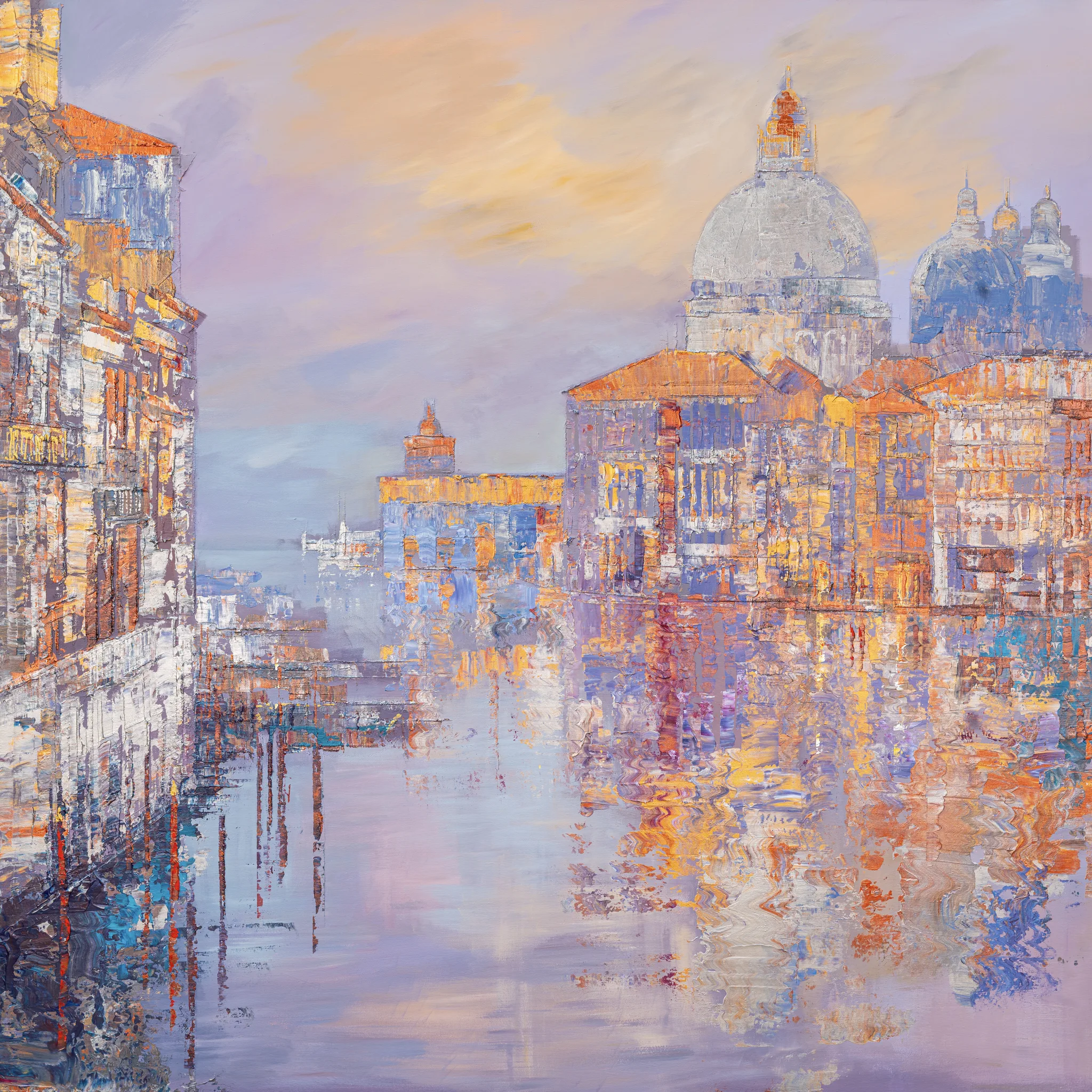 Opalescent Venice, an original painting by Paul Kenton: the Grand Canal and domed Santa Maria della Salute glow in lavender, gold and rose, their reflections rippling across the water at dusk.