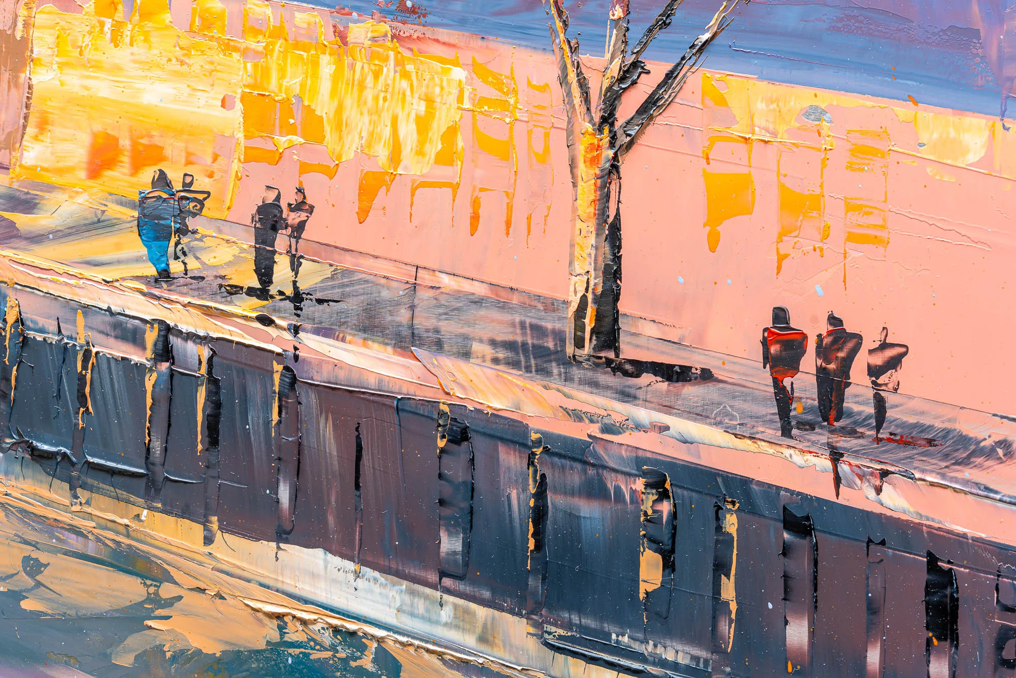 Close-up of Panoramic Glow, an original painting by Paul Kenton: thick impasto brushwork shows figures on a pink-orange platform beside a dark train carriage, with a bare tree and golden glow.