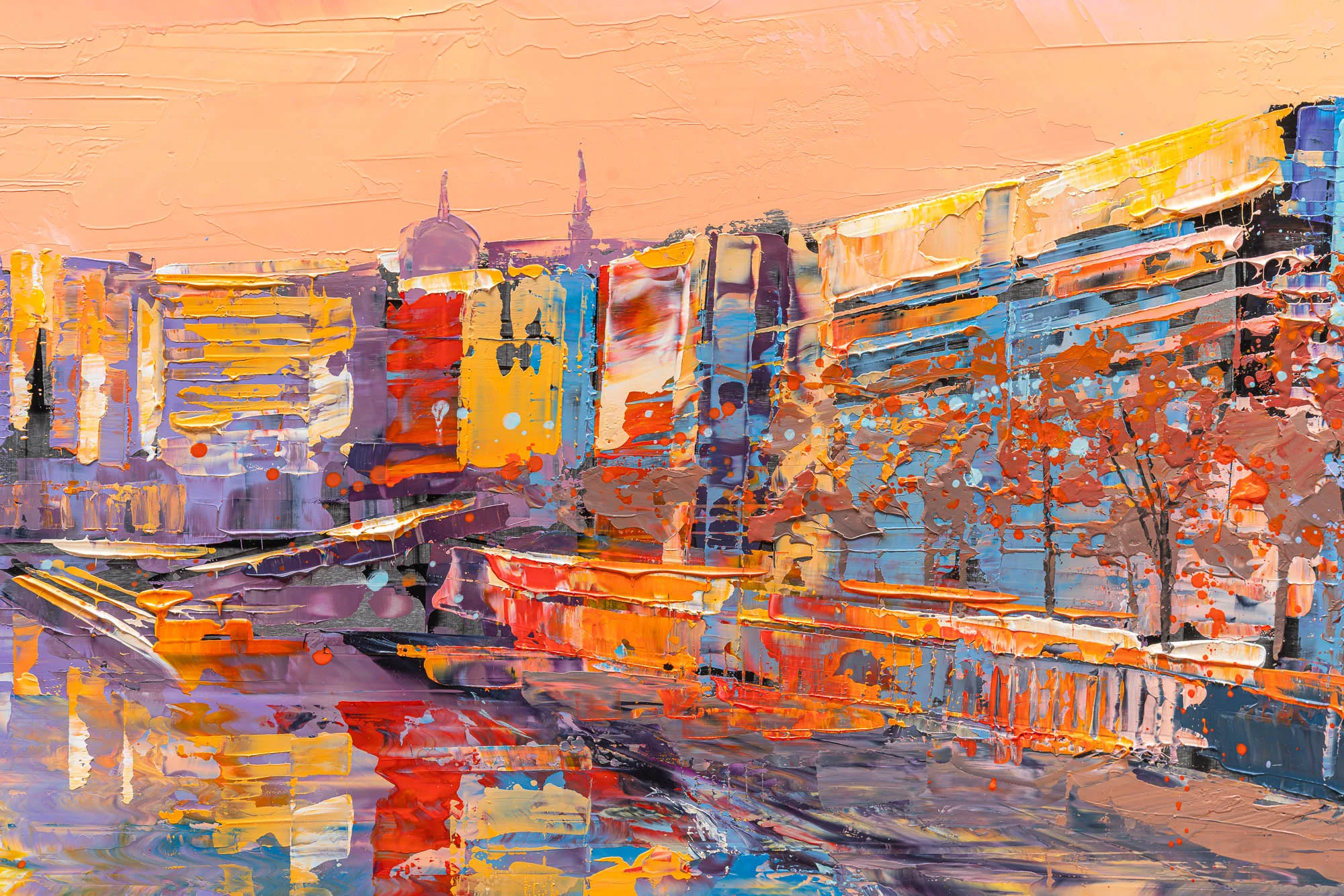 Close-up of Panoramic Glow, an original oil on aluminium painting by Paul Kenton: thick, textured strokes of orange, violet and blue depict a city street at dusk, with reflections on wet pavement.