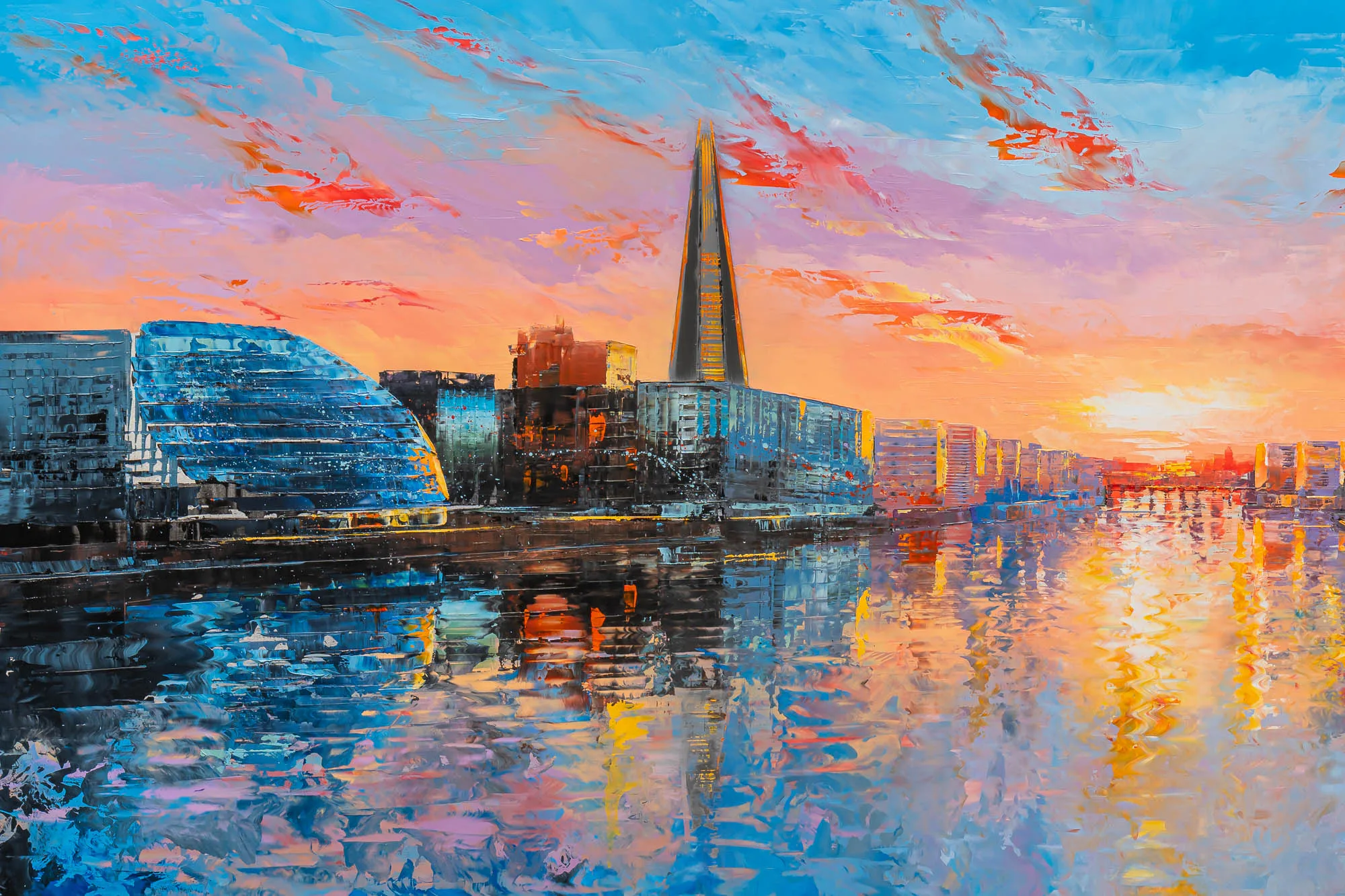 Close-up of Panoramic Glow, an original painting by Paul Kenton of London at sunset, with thick textured strokes of orange, pink and blue across the sky, the Shard rising above the riverside buildings and glowing reflections on the water.