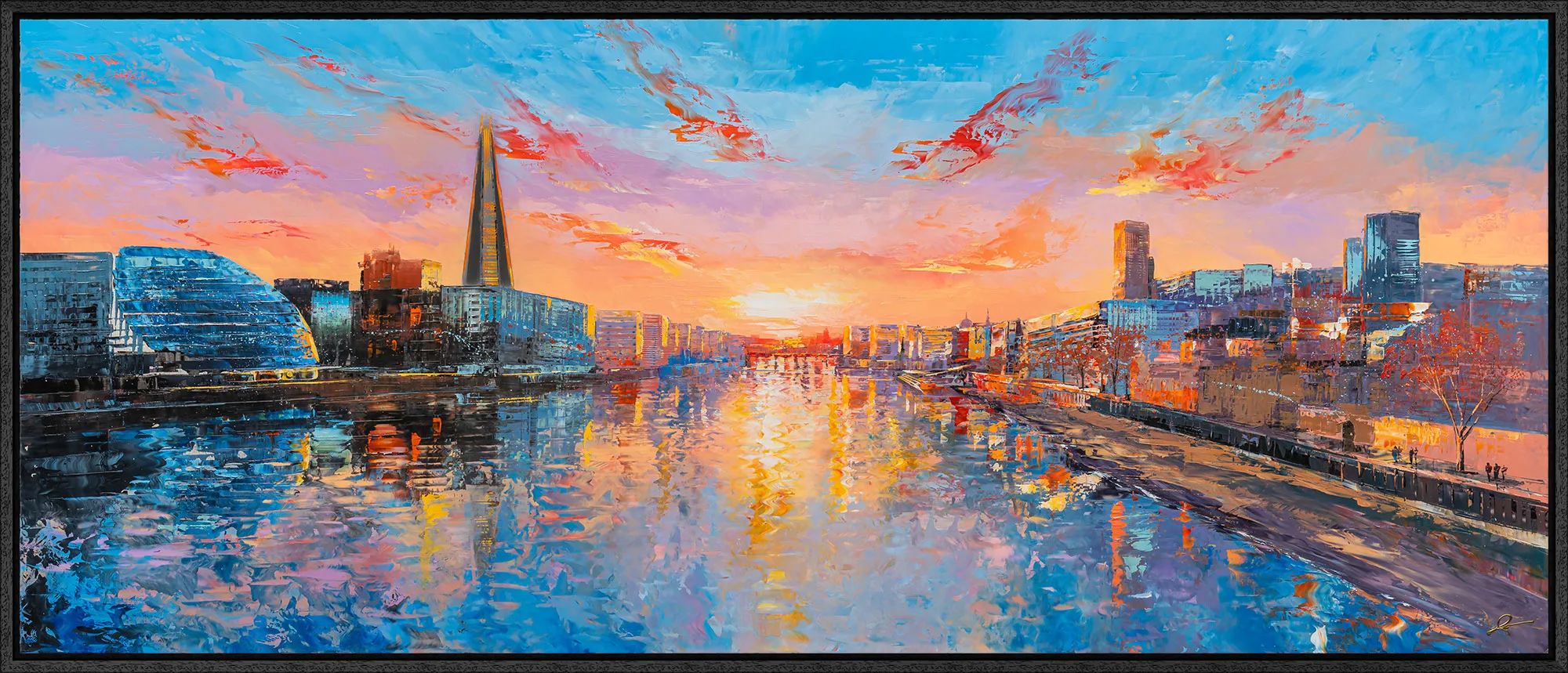 Panoramic Glow, an original oil painting by Paul Kenton in a black frame: a London river at sunset, with the Shard and a curved glass building under a blazing orange and blue sky.