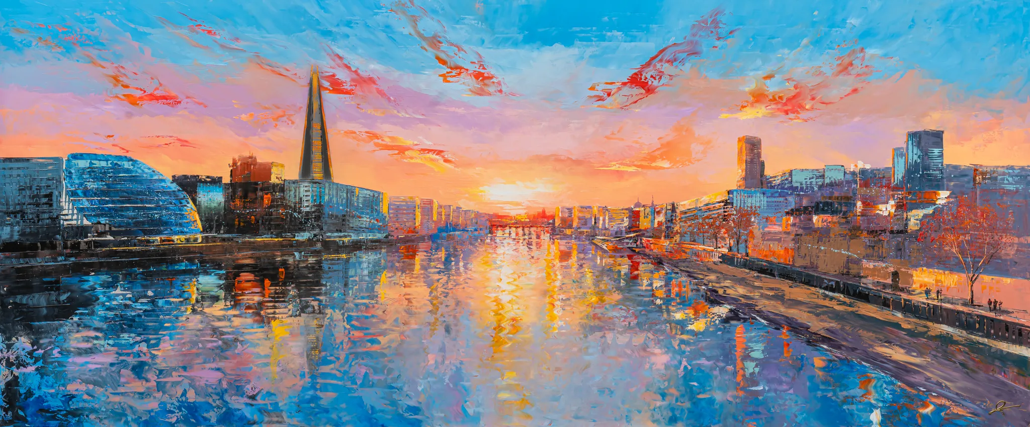 Panoramic Glow, an original painting by Paul Kenton: a wide view of the River Thames at sunset, with the Shard rising at left-centre and a glowing orange sky reflected in blue water.
