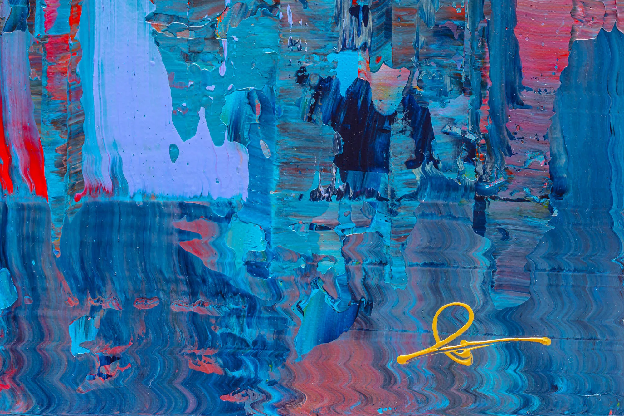 Close-up of Radiant London, an original painting by Paul Kenton: thick, smeared strokes of blue, teal, violet and red paint, with a yellow painted signature at lower right.