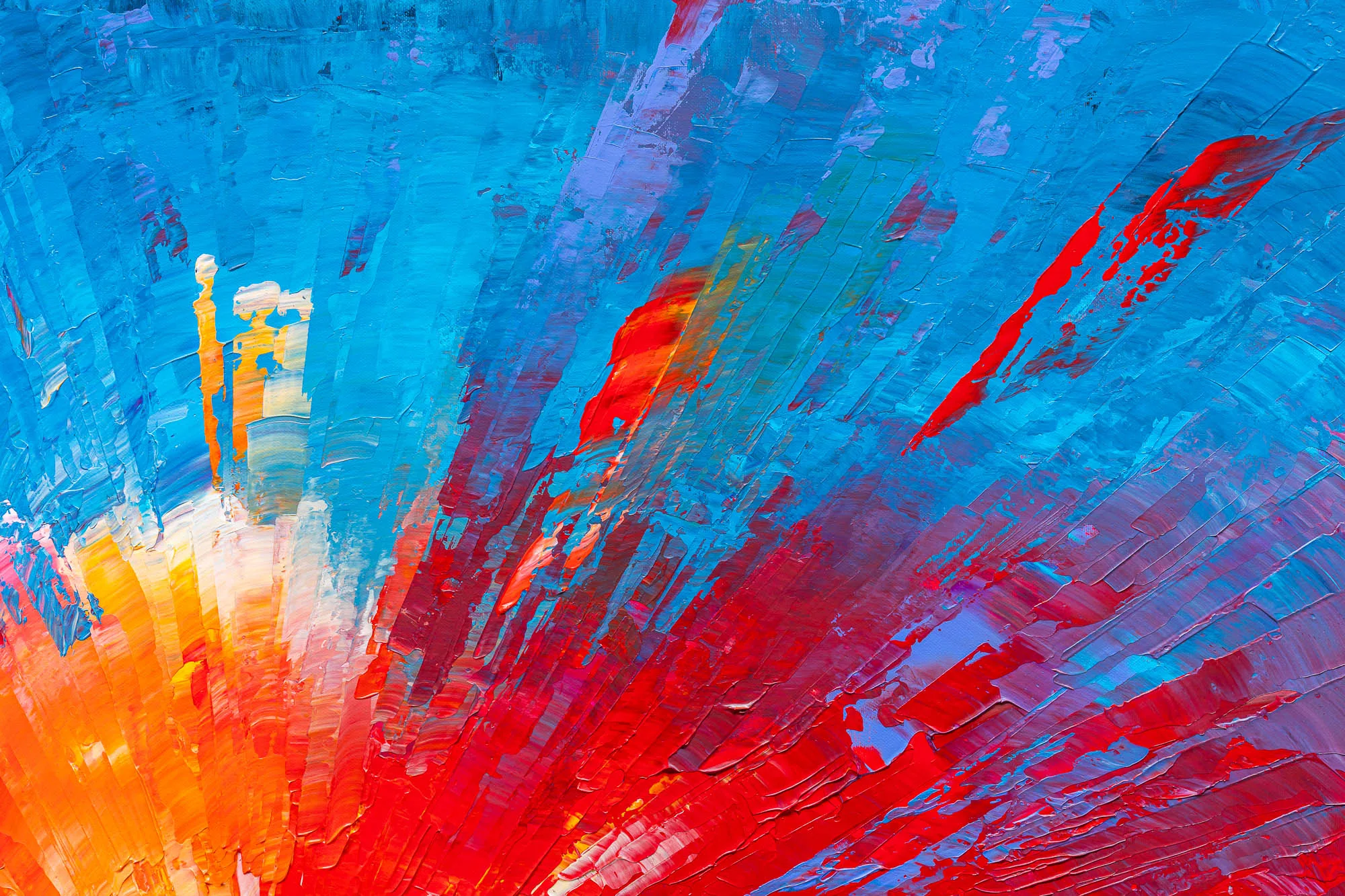 Close-up of Radiant London, an original painting by Paul Kenton: thick palette-knife strokes of blue, red and orange radiate from the lower left, with textured ridges catching the light.