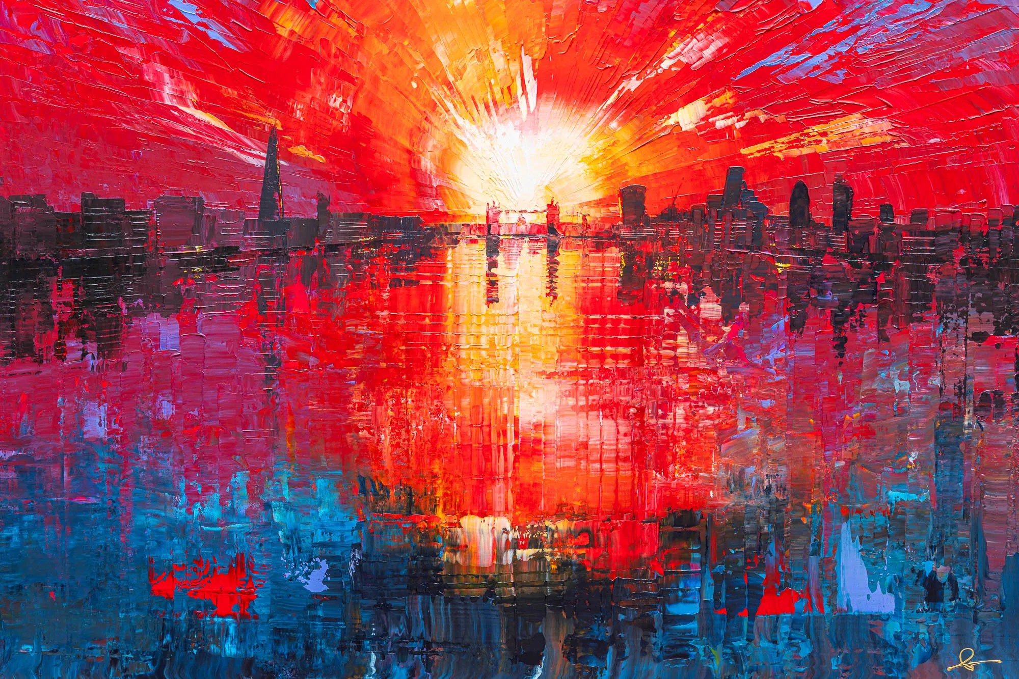Radiant London, an original painting by Paul Kenton: a close-up of thick, textured red and orange brushwork around a blazing sunrise over a dark London skyline, reflected in streaks of blue water.