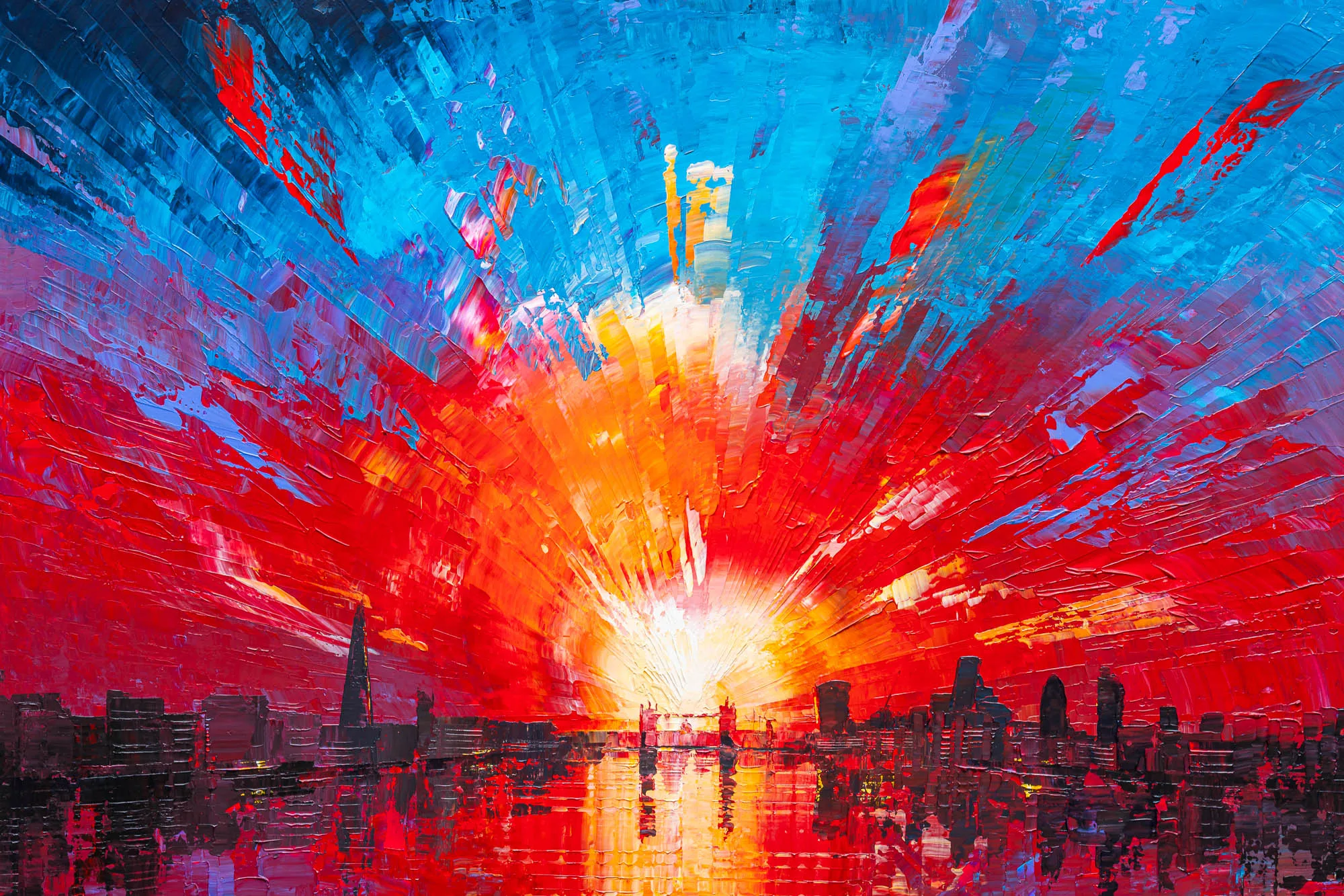 Radiant London, an original painting by Paul Kenton: a close-up of thick, textured strokes of red, orange and blue radiating from a blazing sunset over a dark London skyline.
