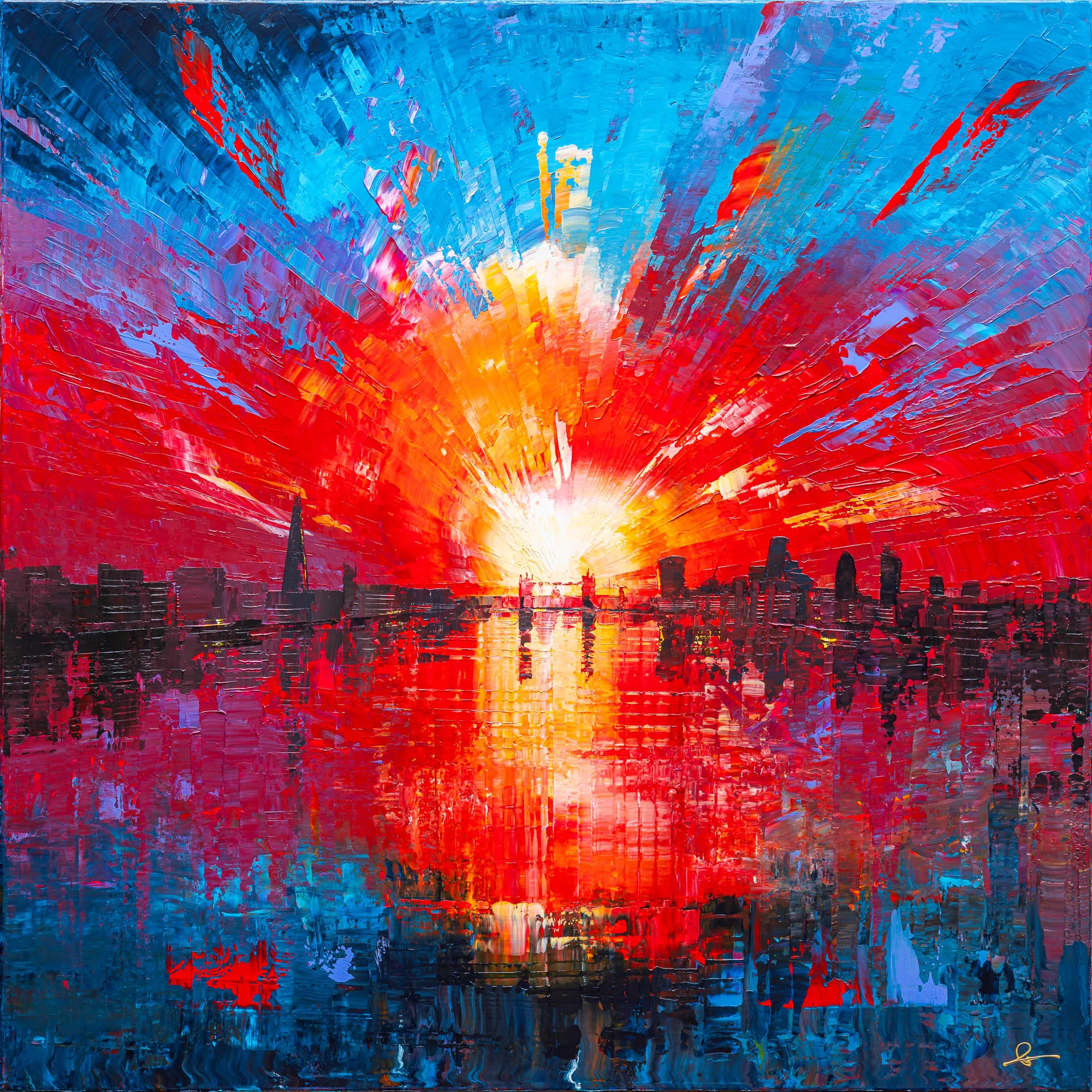 Radiant London, an original painting by Paul Kenton: a blazing red and orange sunrise bursts behind a dark city skyline, its light reflected across a river in thick, textured strokes of red and blue.