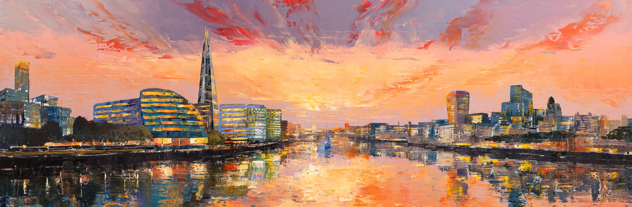 Reflections on the Thames, an original painting by Paul Kenton: a panoramic London river view at sunset, with the Shard and City Hall glowing amber and orange beneath pink and red clouds, reflected in the water.
