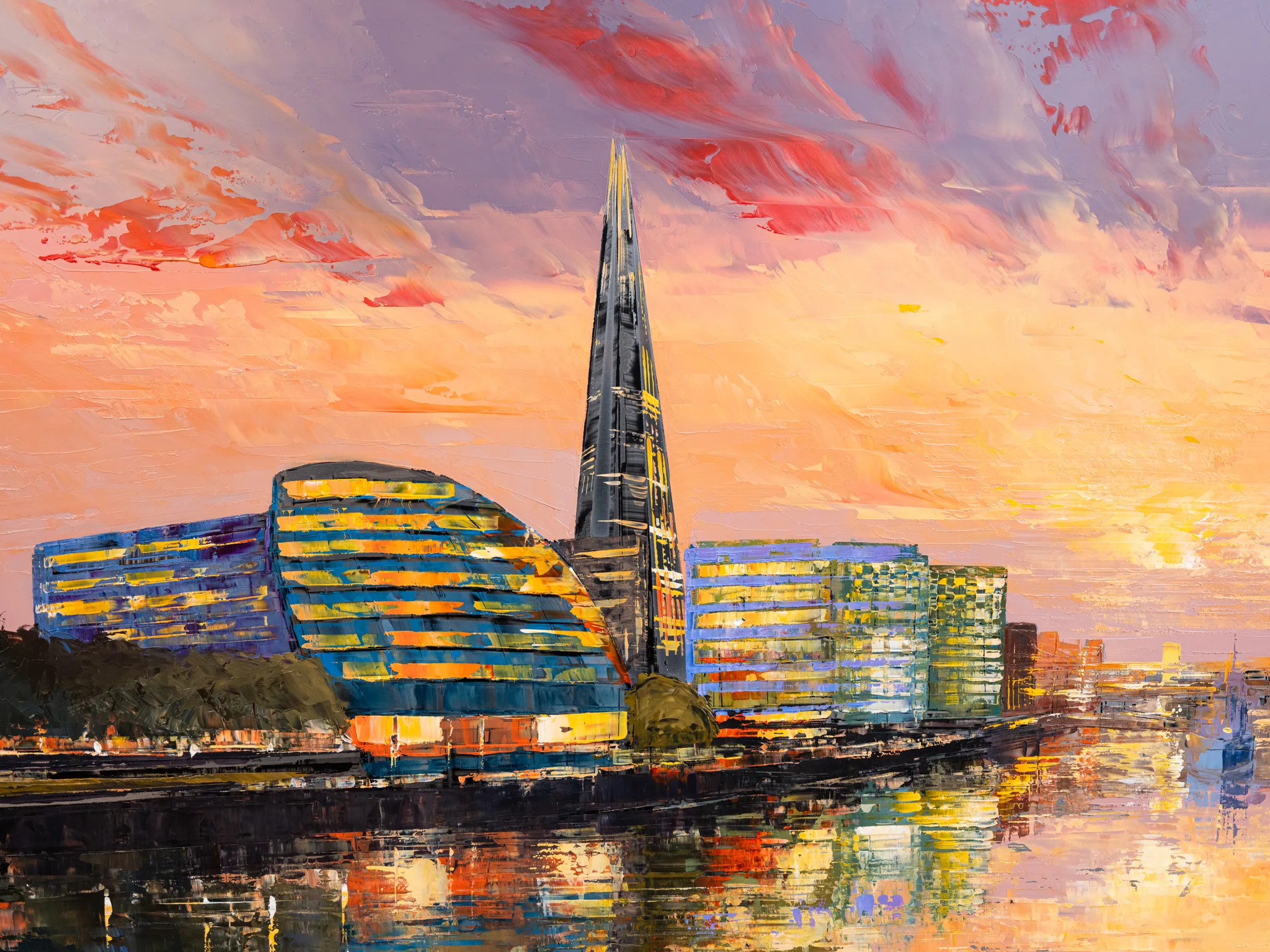 Reflections on the Thames, an original oil painting by Paul Kenton: a close view of a London riverside at sunset, with the Shard's tall spire, glowing blue and gold buildings and rippling reflections in thick, textured strokes.