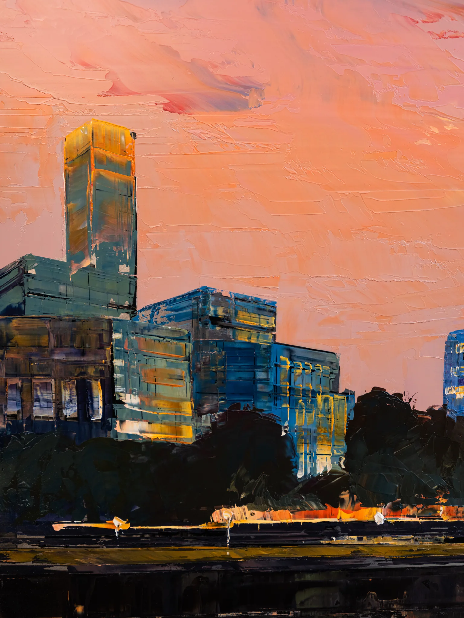 Close-up of Reflections on the Thames, an original oil painting by Paul Kenton: thick, textured strokes of blue and gold blocks against a peach sunset sky and dark trees.