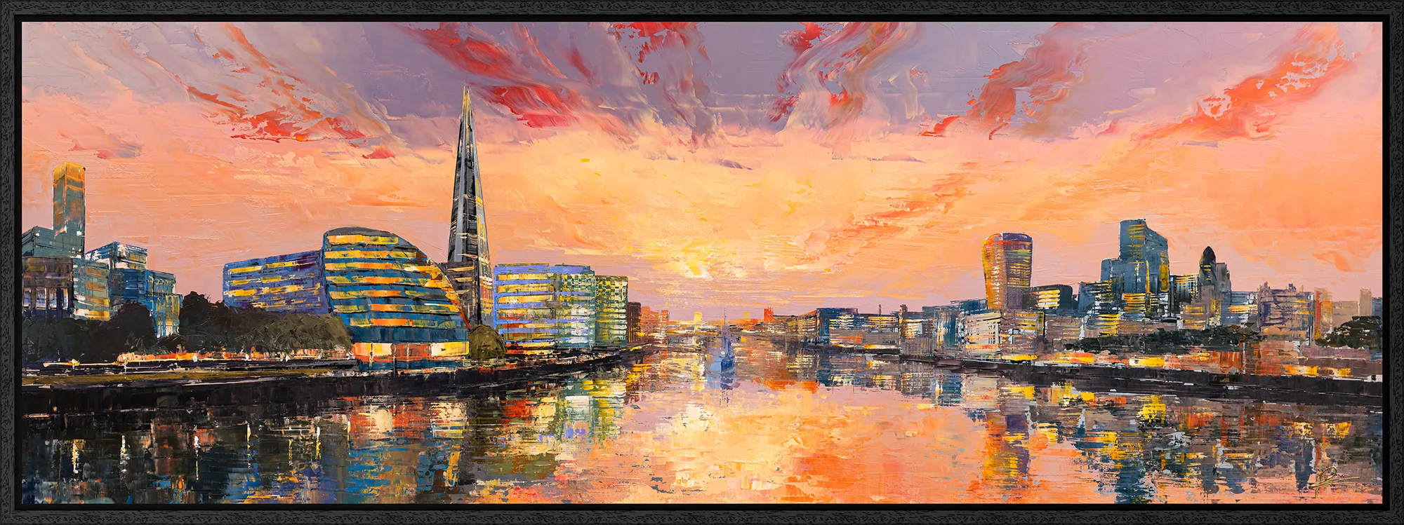 Reflections on the Thames, an original painting by Paul Kenton in a black frame: a bold, textured London riverside at sunset, the Shard rising among glowing city buildings above rippling orange and blue reflections on the water.