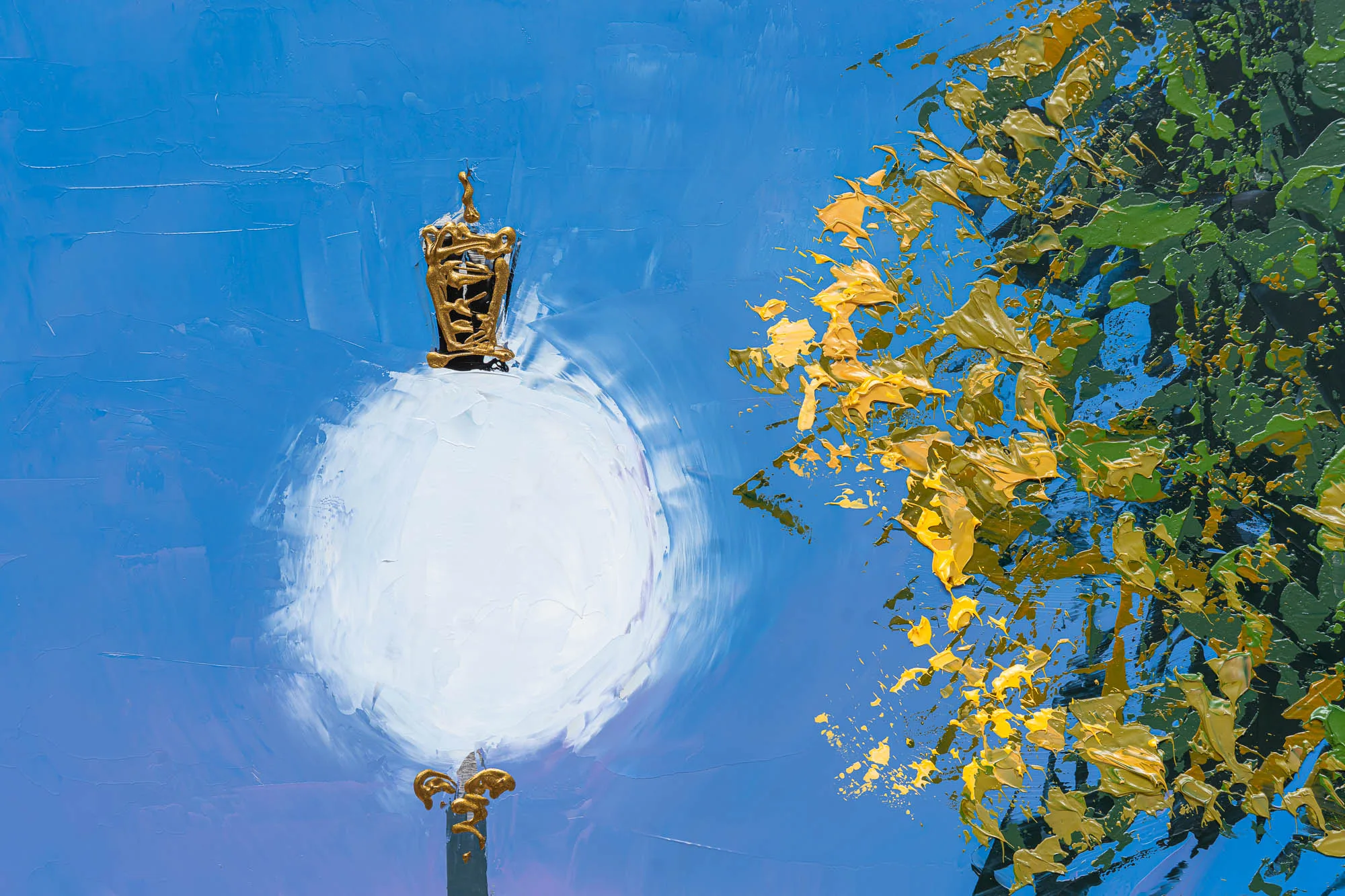 Close-up of South Bank Stroll by Paul Kenton: a gilded lamp post crowned with a golden lantern rises against bold blue sky, a pale glowing globe beside yellow and green foliage flecked with thick textured paint.