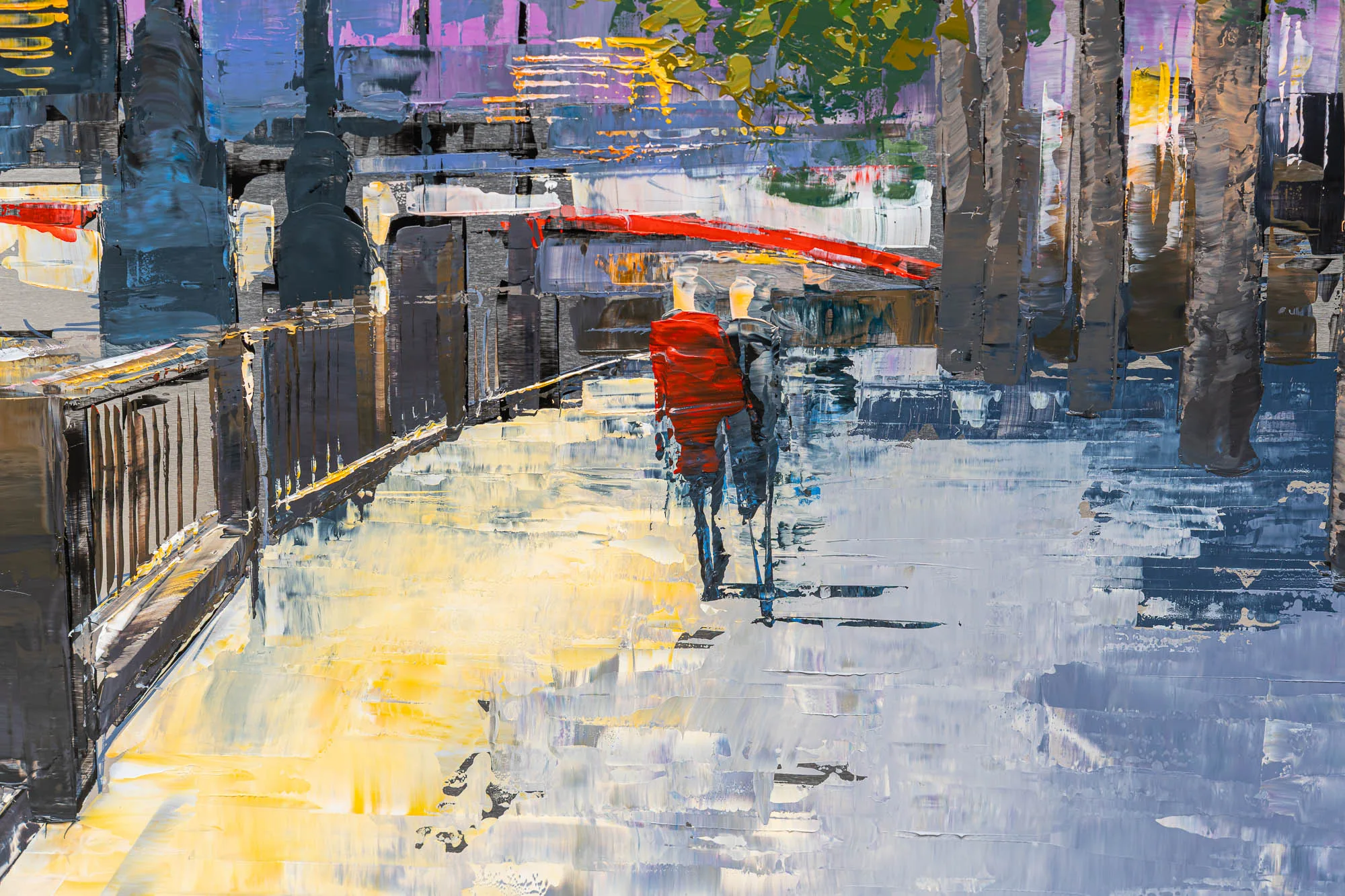 Close-up of South Bank Stroll, an original painting by Paul Kenton: a figure in a red coat and a dark umbrella walks along a wet, sunlit riverside path, with thick palette-knife strokes in yellow, grey and blue.