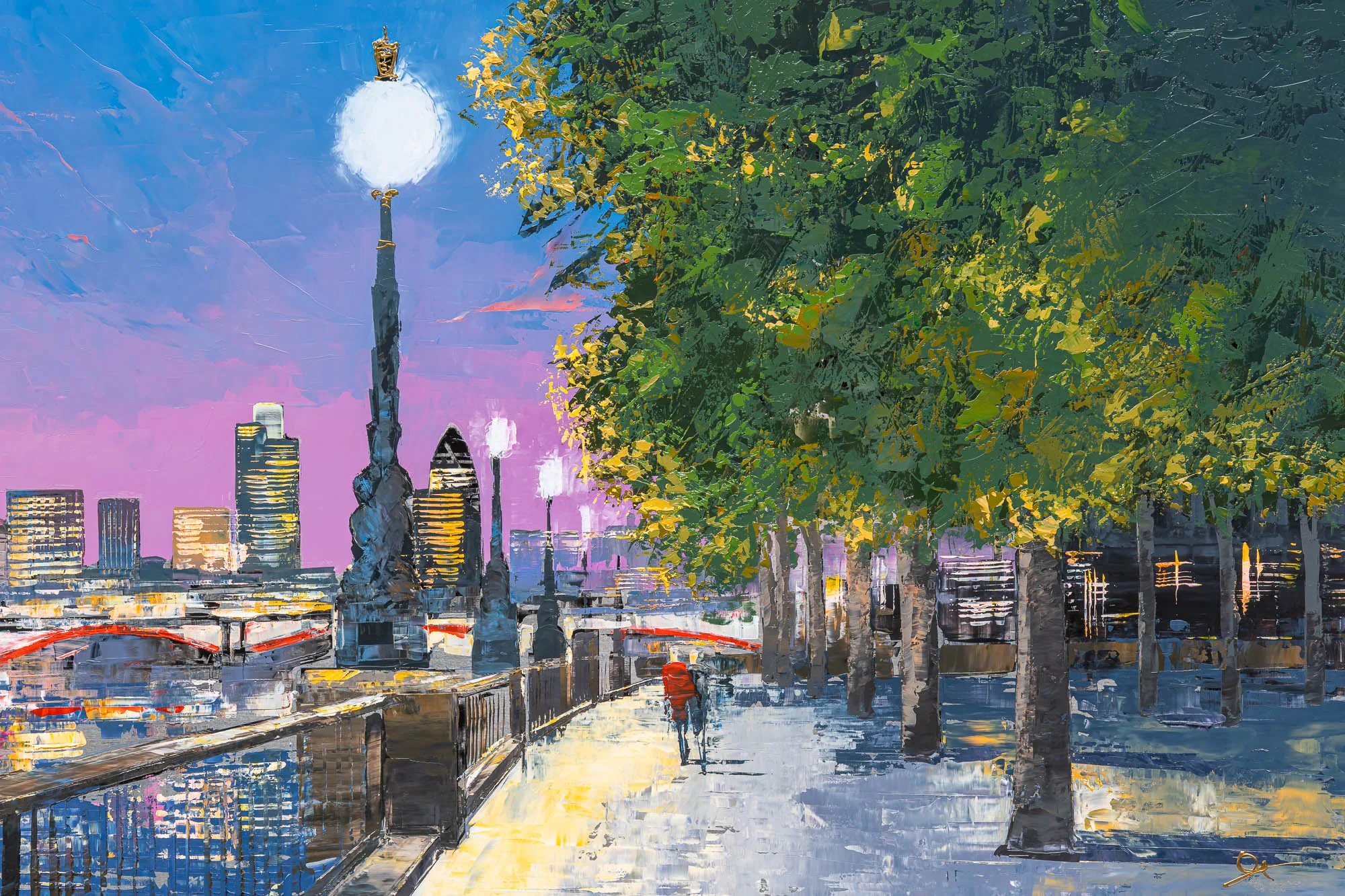 South Bank Stroll, an original painting by Paul Kenton: a cyclist in red rides along a riverside path under plane trees, with lit lamps and a London skyline at dusk.