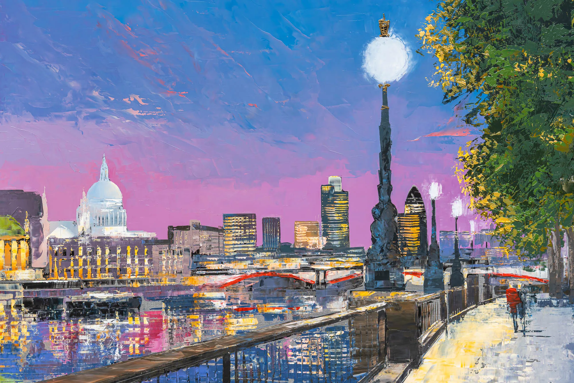 Close-up of South Bank Stroll: thick, textured brushstrokes render a lamp-post, riverside path and lone walker against pink and blue twilight sky.