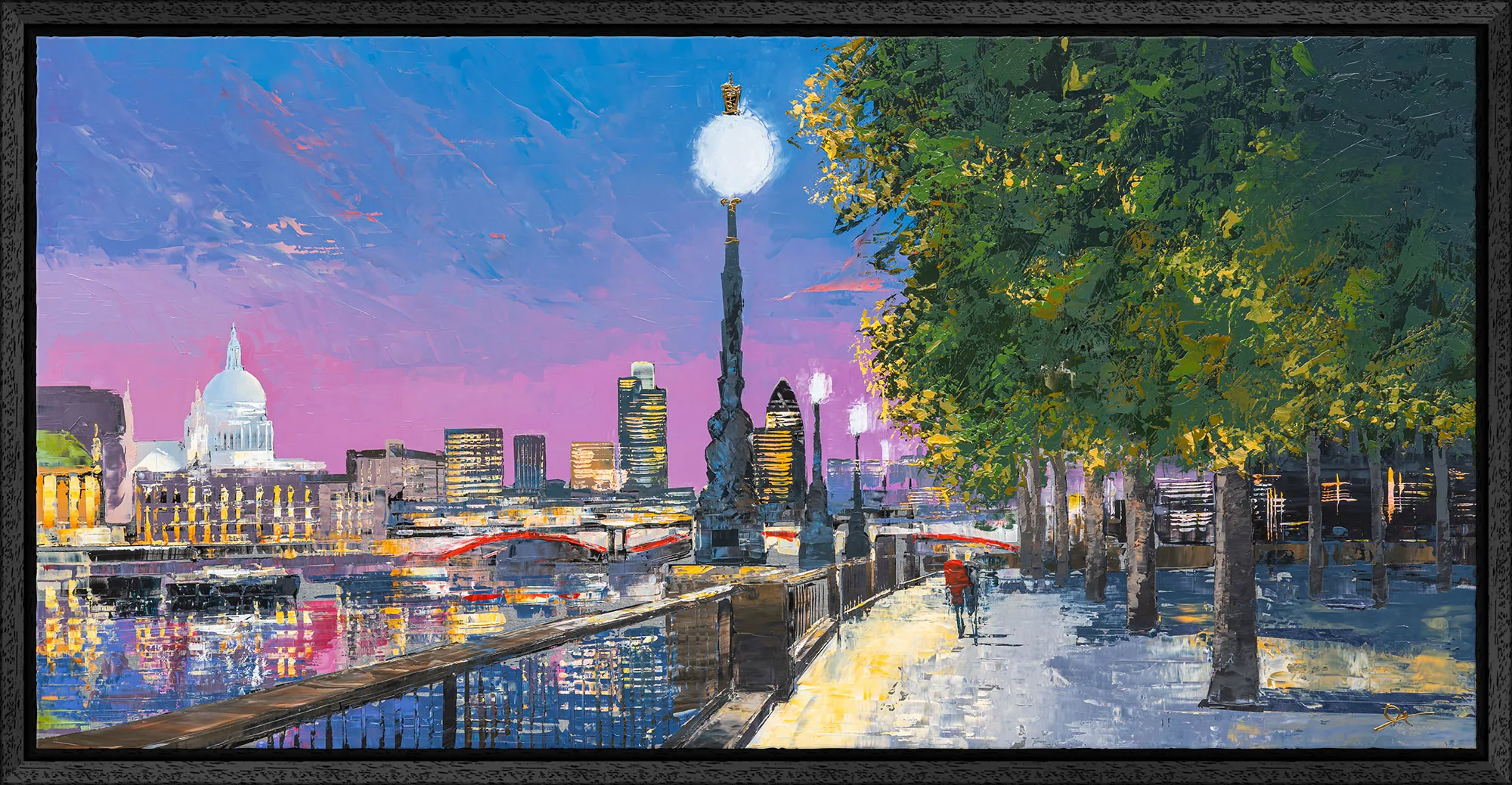 South Bank Stroll, an original painting by Paul Kenton in a black floating frame: a London riverside at dusk, with a glowing lamp post, a lone walker, trees and St Paul's dome.