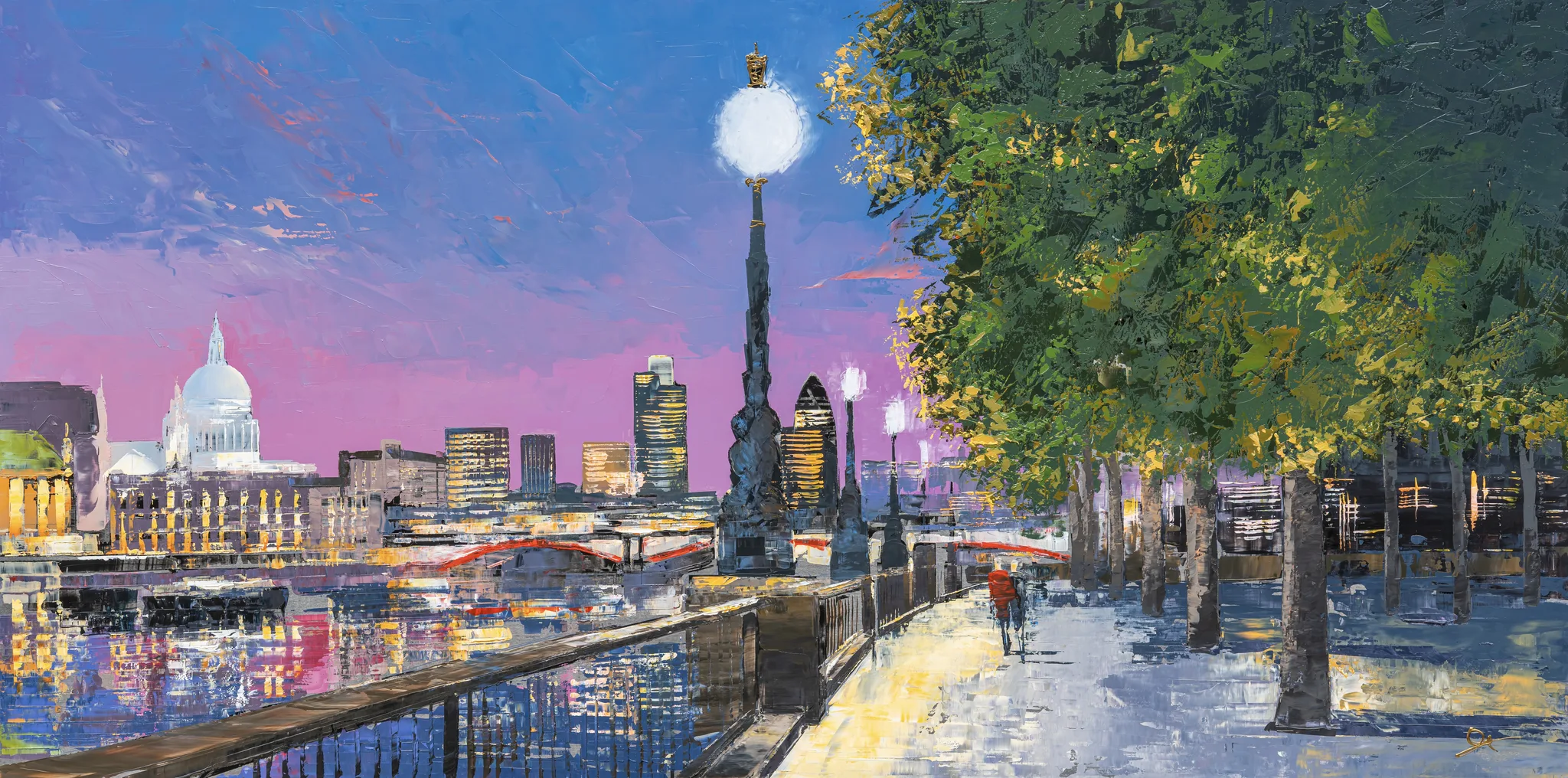 South Bank Stroll, an original painting by Paul Kenton: the Thames South Bank at dusk, with St Paul's Cathedral and city towers across the water, a glowing lamp post and a cyclist on a tree-lined path, in pink, violet and warm gold.