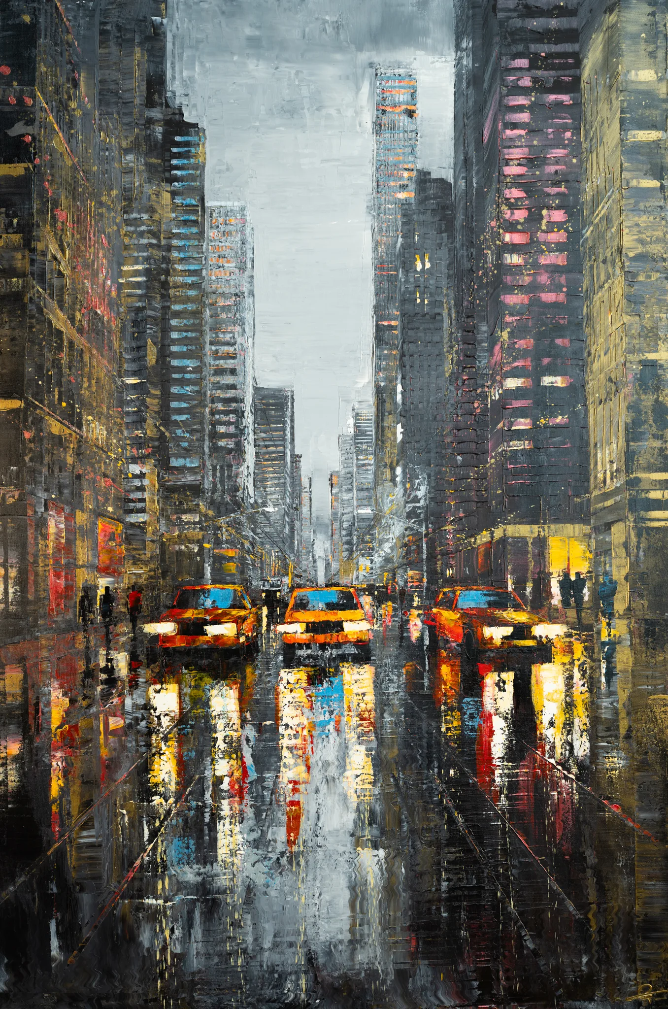 Street in Yellow, an original painting by Paul Kenton: a rain-soaked New York street between tall towers, with three yellow taxis glowing under a grey sky.