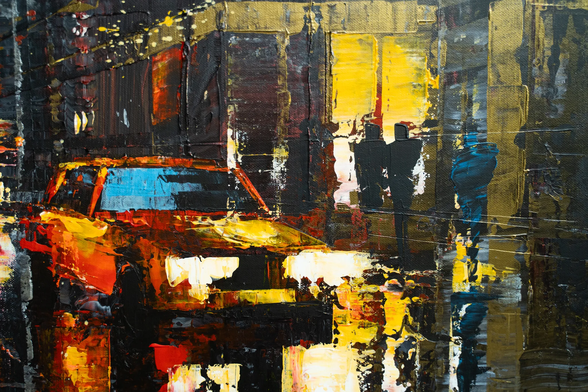 Close-up of Street in Yellow, an original painting by Paul Kenton, showing thick textured brushwork of a red and yellow car, two dark silhouetted figures and glowing yellow city lights at night.