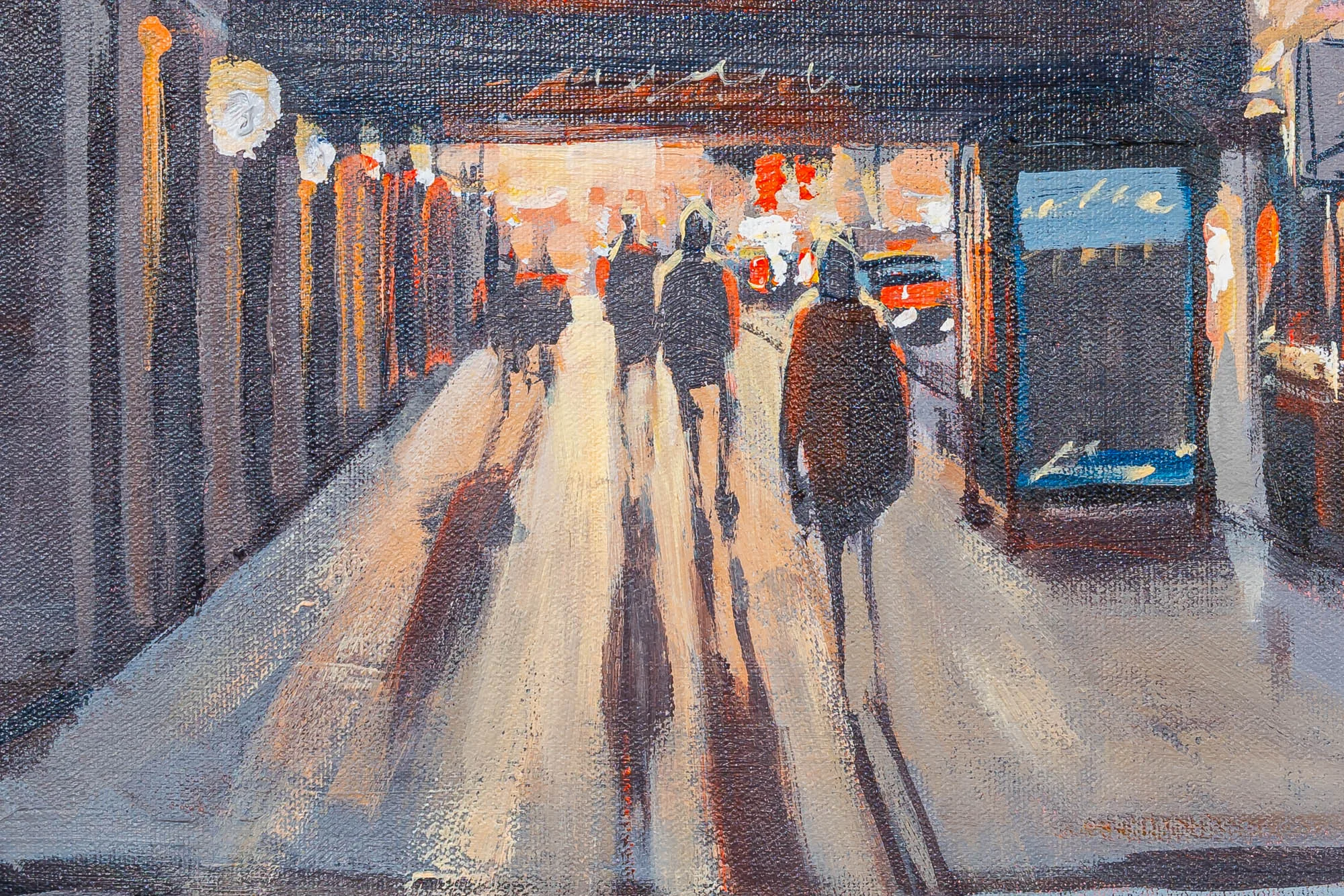 Close-up of Streets Of Chicago, an original oil painting by Paul Kenton: silhouetted pedestrians walk toward a glowing evening street, with long shadows, warm orange light and loose, textured brushwork.