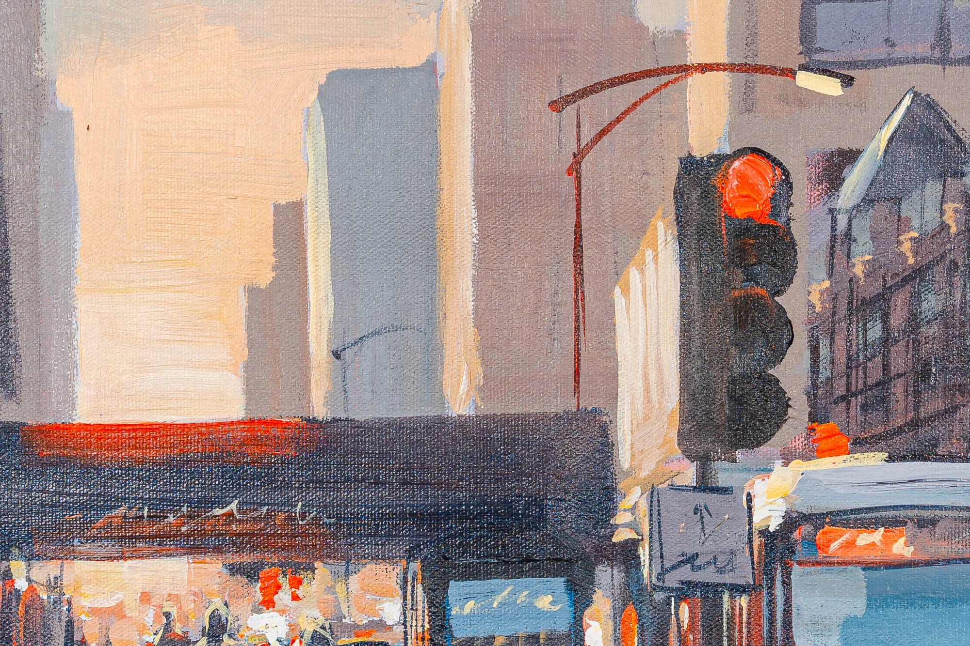 Close-up of Streets of Chicago, an original oil painting by Paul Kenton: loose, textured brushwork shows a red traffic light, tall buildings in warm peach and grey, and a busy street below.