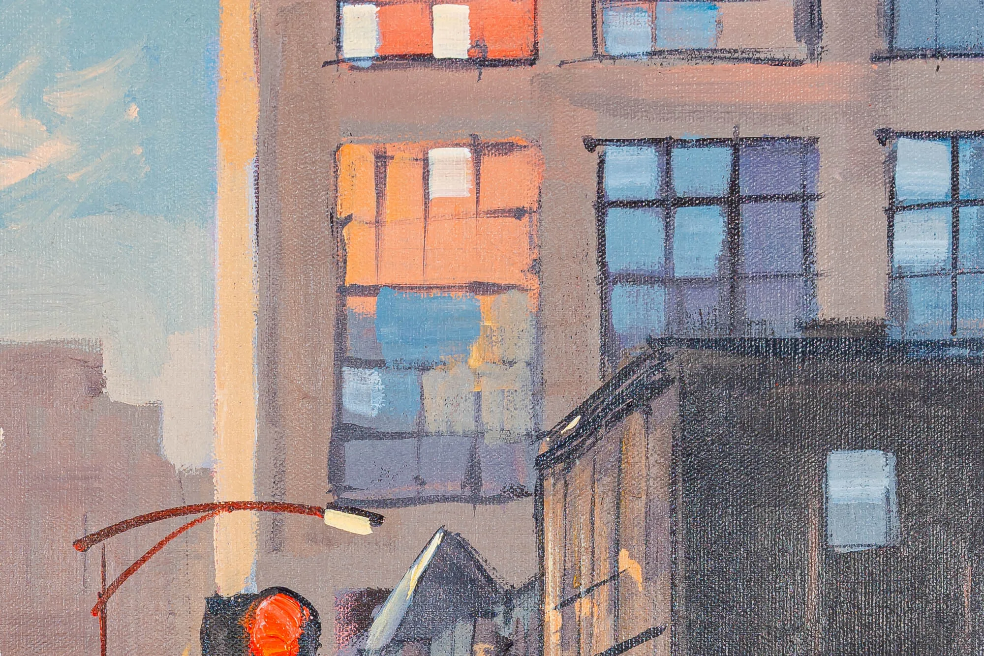 Close-up of Streets Of Chicago, an original oil painting by Paul Kenton, showing textured brickwork, warm orange and blue window panes, and a red traffic light against a pale sky.