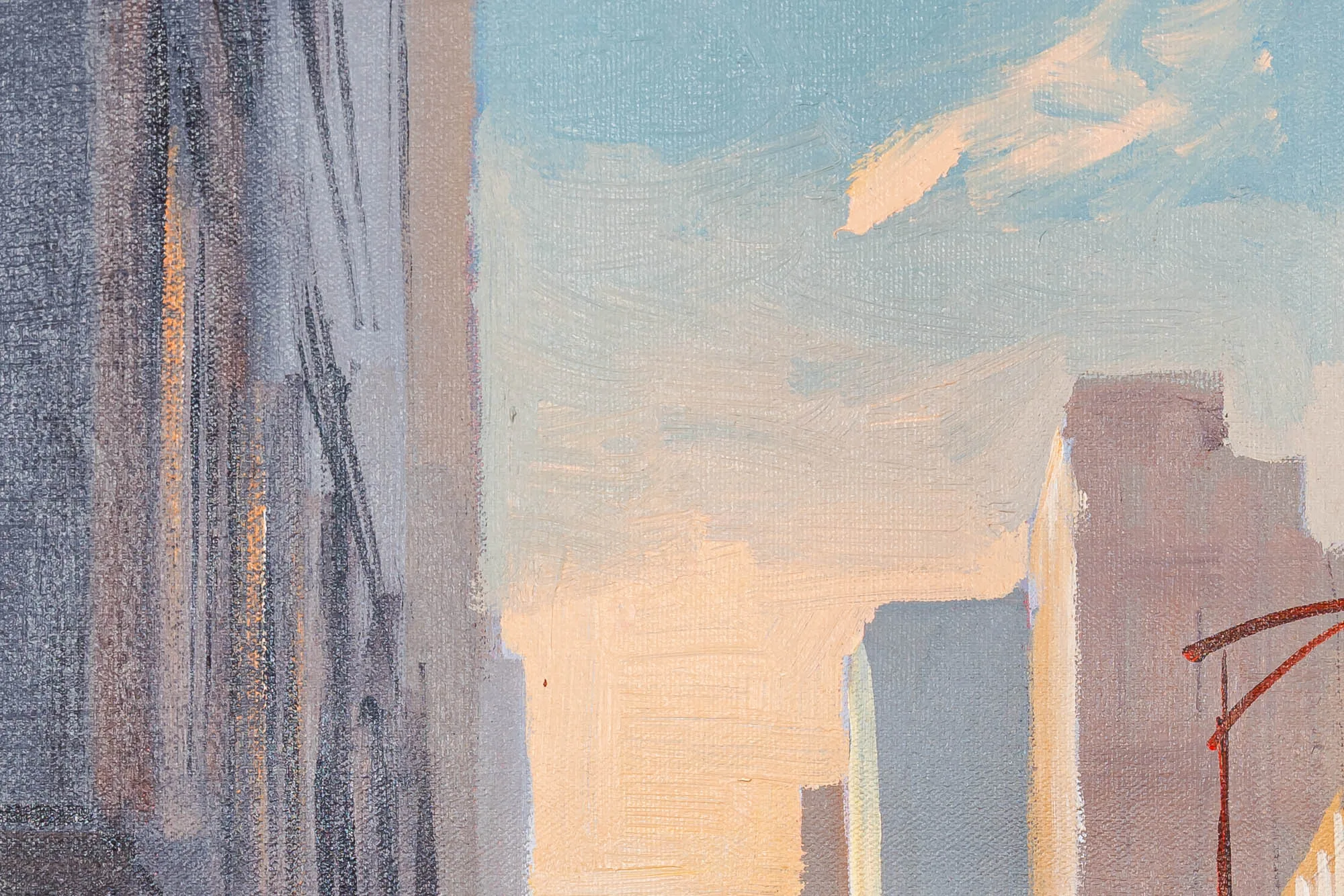 Close-up of Streets Of Chicago, an original oil painting by Paul Kenton: pale blue sky over soft, glowing towers in dusky gold and grey, with a red streetlamp at right.