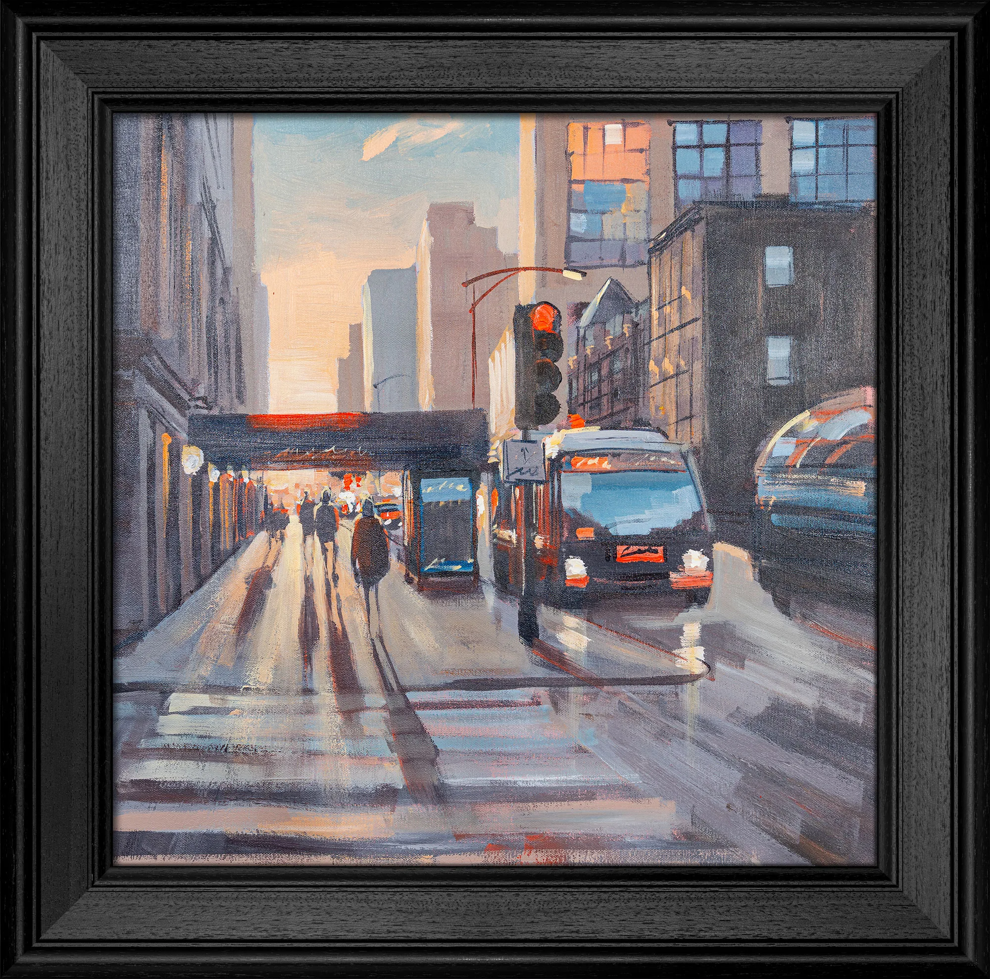 Streets of Chicago, an original oil painting by Paul Kenton in a black wooden frame: a sunlit city street with a red traffic light, a bus and blurred pedestrians in warm amber and cool grey tones.