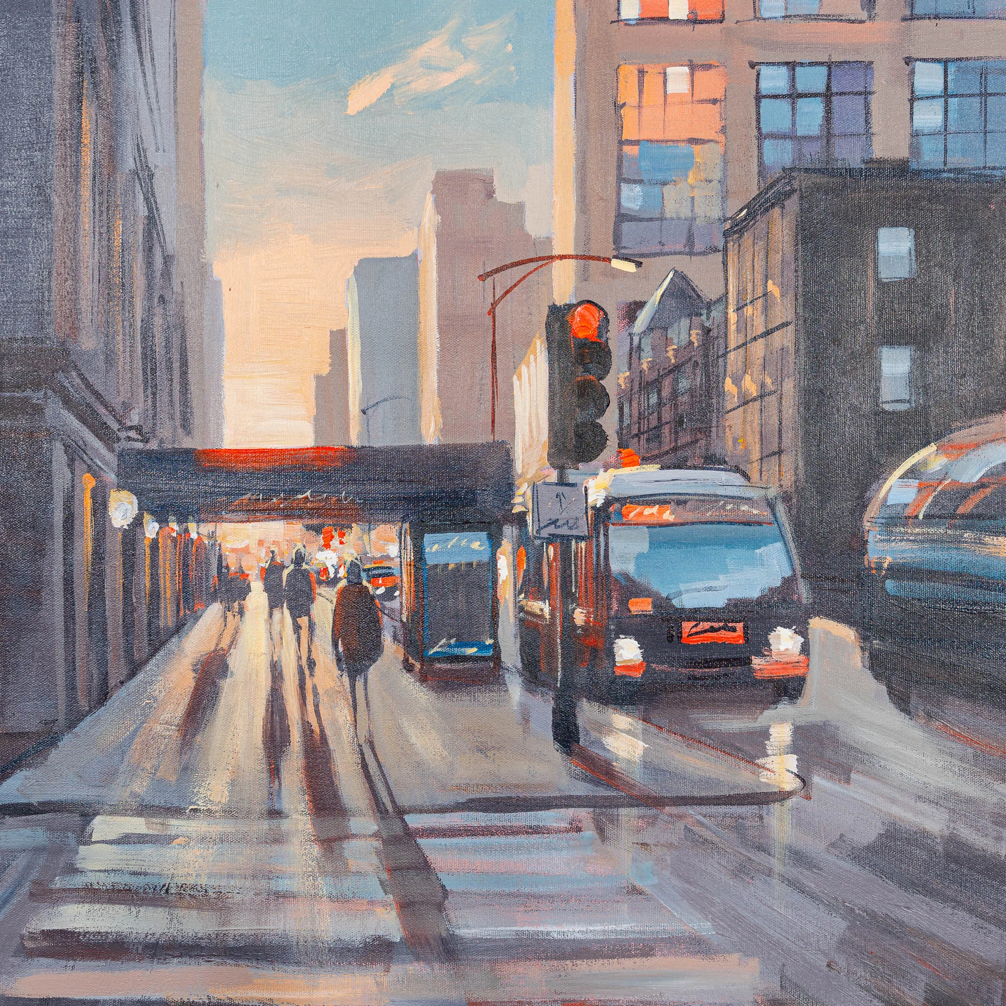 Streets of Chicago, an original painting by Paul Kenton: a low sun warms a city street at dusk, with pedestrians under a canopy, a bus and a red traffic light.