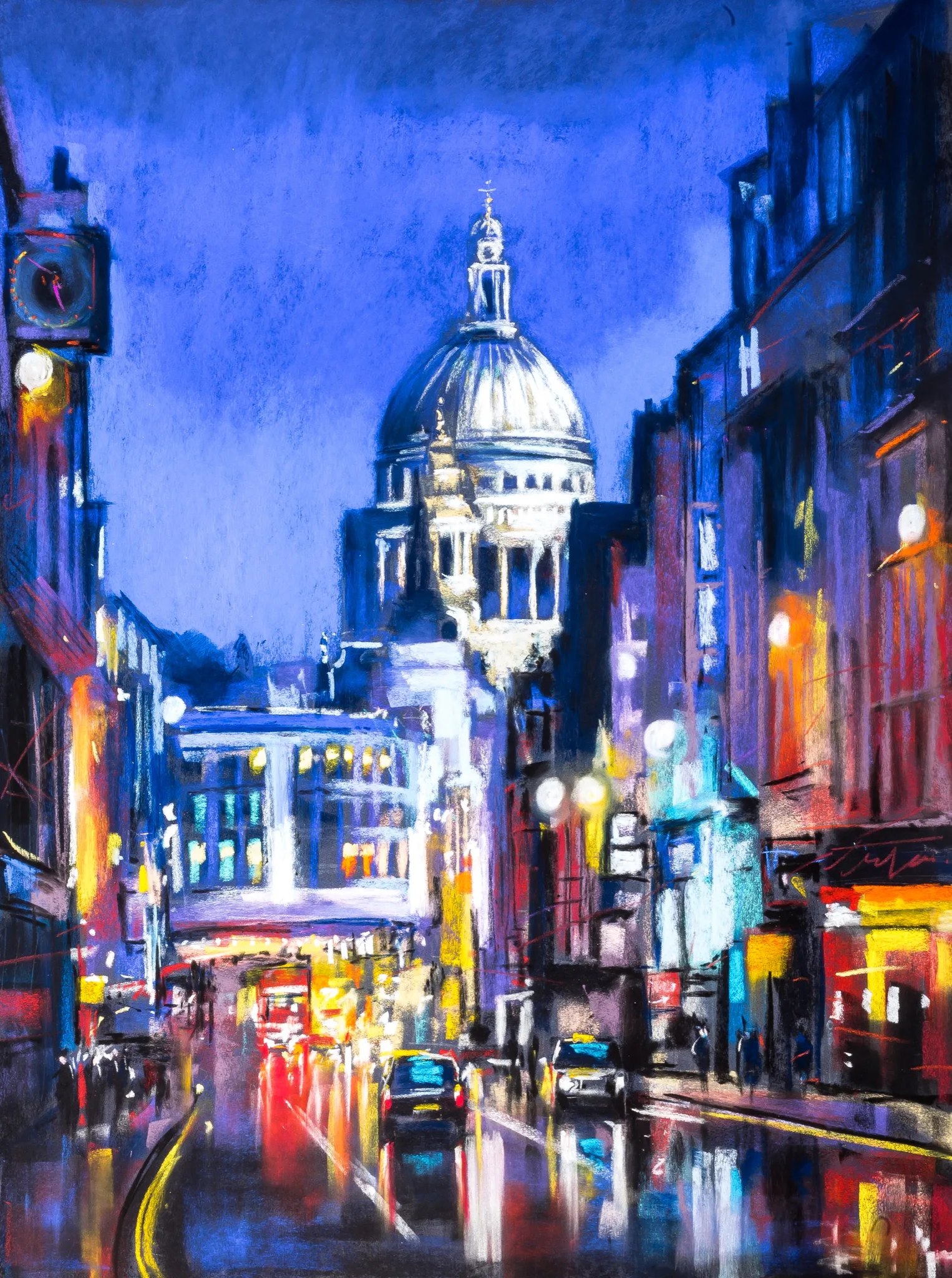 St Paul's Star, a limited edition print by Paul Kenton: a night street in London with St Paul's dome glowing under a deep blue sky, red and yellow lights reflected on wet road.