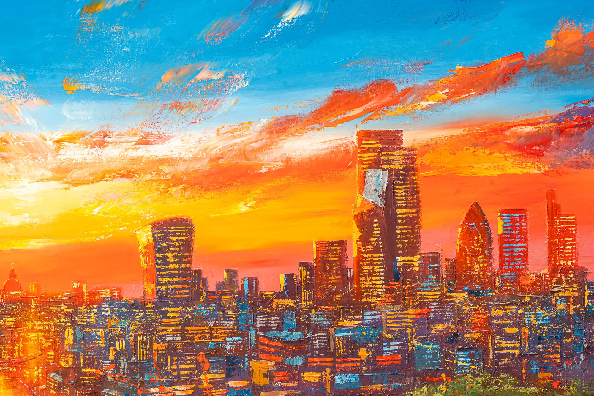 Close-up of Skyline Radiance, an original painting by Paul Kenton: thick, textured strokes show London's towers glowing gold and orange beneath a blazing sunset sky of blue, red and amber.