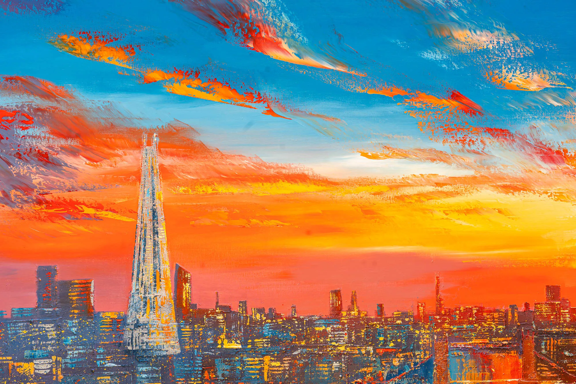 Close-up of Skyline Radiance, an original painting by Paul Kenton: thick, textured strokes show the Shard rising above a glowing London skyline under a fiery orange and blue sunset.