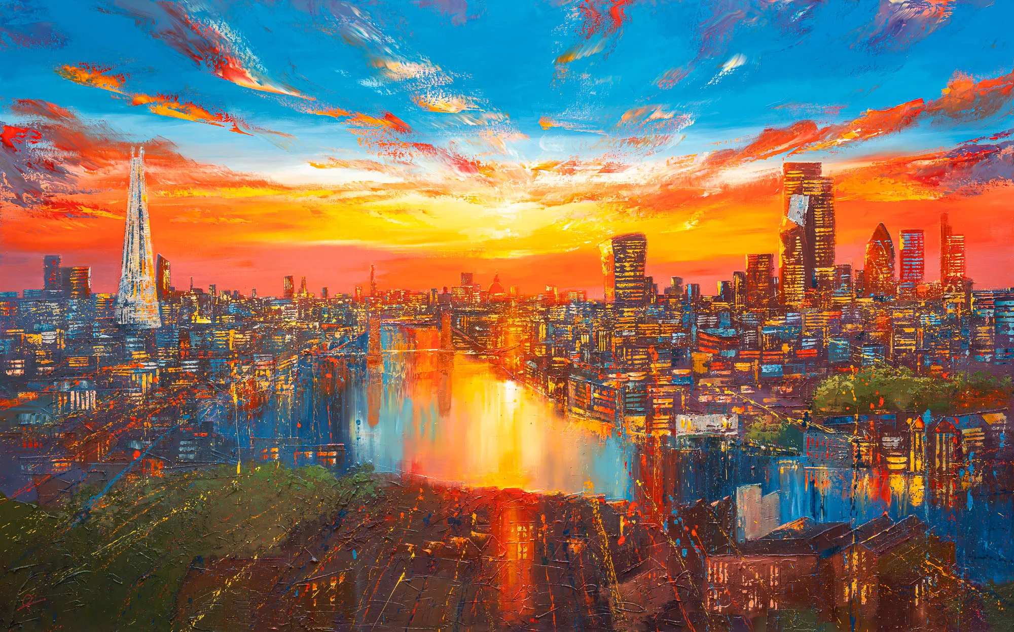 Skyline Radiance, an original painting by Paul Kenton: a bold, textured London skyline at sunset, the Shard rising left above a river reflecting golden light, under blue and orange clouds.