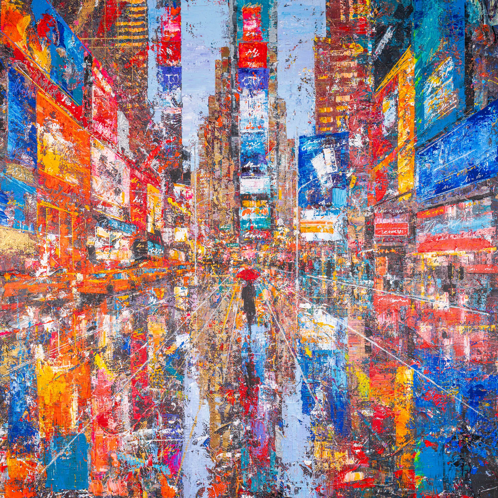 Steps Through Times Square, an original painting by Paul Kenton: a bold, textured view down a New York street lit by red, blue and orange signs, with a lone figure holding a red umbrella at the centre.