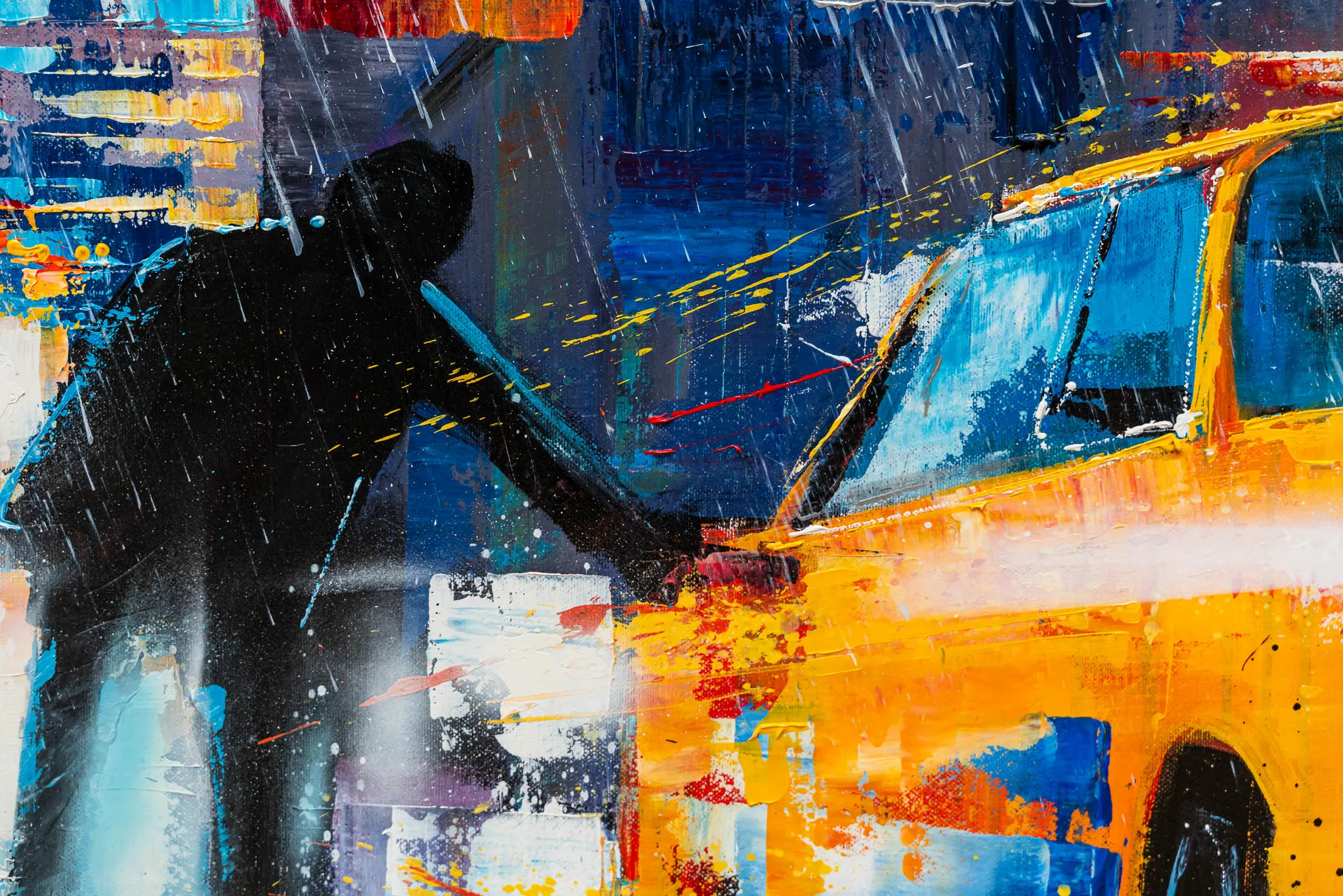 Close-up of Taxi Dash, an original painting by Paul Kenton: a dark silhouetted figure reaches for a bright yellow taxi in rain, with thick blue and orange textured brushwork.